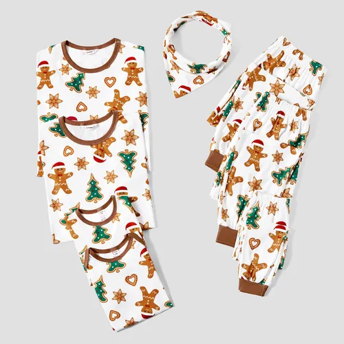 Juegos de pijamas de manga larga con estampado de pan de jengibre de dibujos animados de la familia de la Navidad (resistente a las llamas)