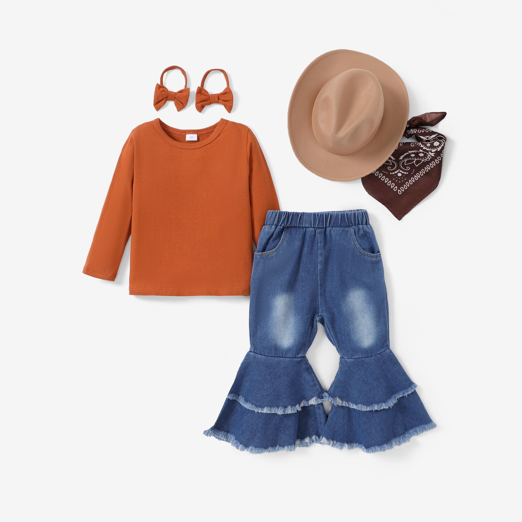 2pcs Toddler Girl's Solid Color 93%Cotton Tshirt And Denim Set