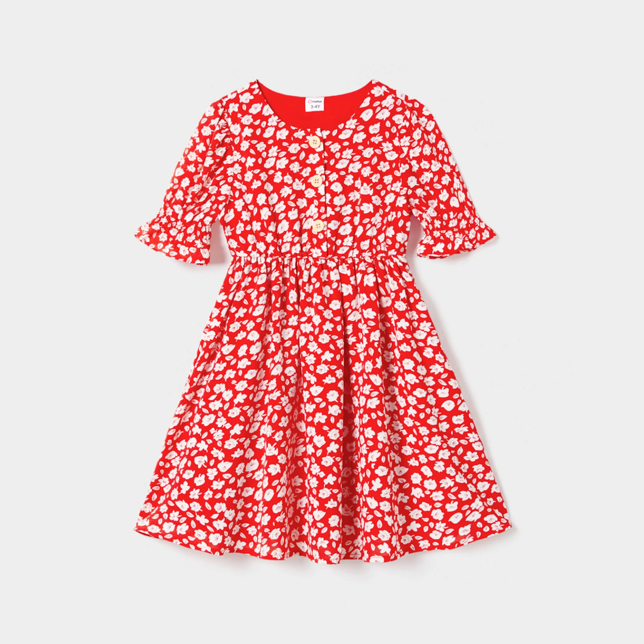 Valentine's Day Family Matching Stripe T-shirt And Ditsy Floral Puff Sleeve Button Front Wrap Dress Sets