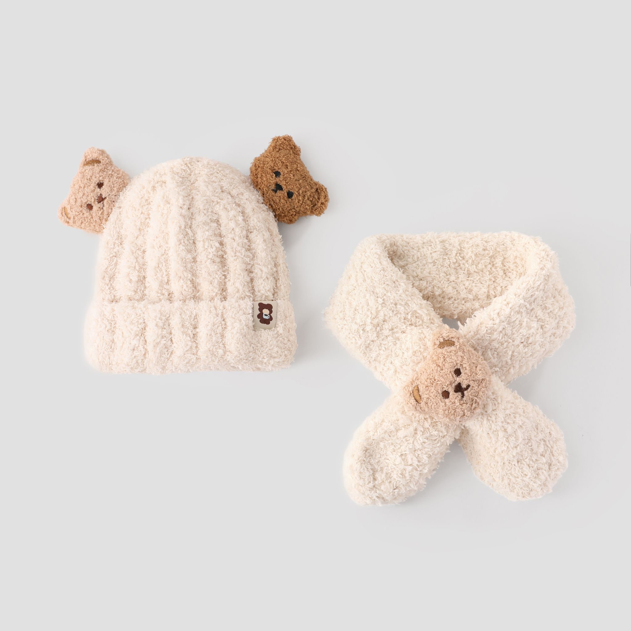 Toddler/kids Super Cute Bear Plush Warm Hat And Scarf Set