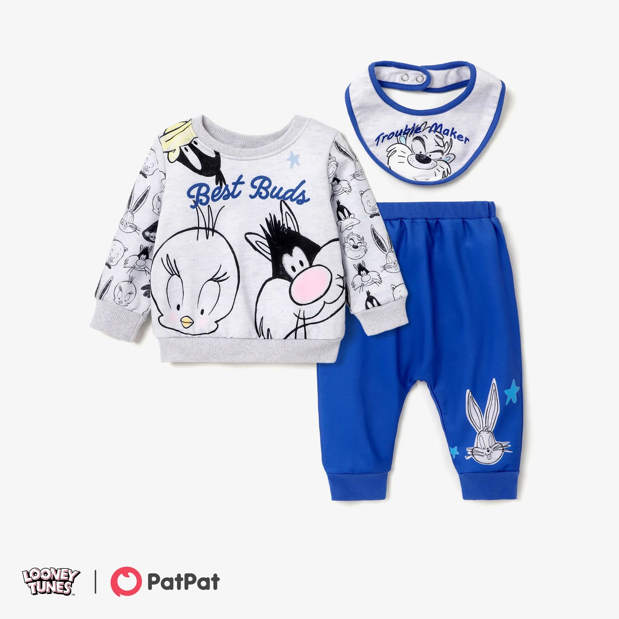 Looney Tunes 3pcs Baby Boy Character Print Sweatshirt, Bugs' Sweatpants and Baby Bibs Set