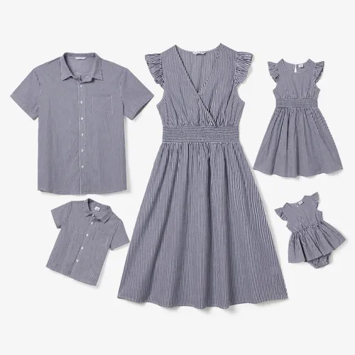 Family Matching Vertical Striped Shirt and Flutter Sleeves Wrap Front A-Line Dress Sets
