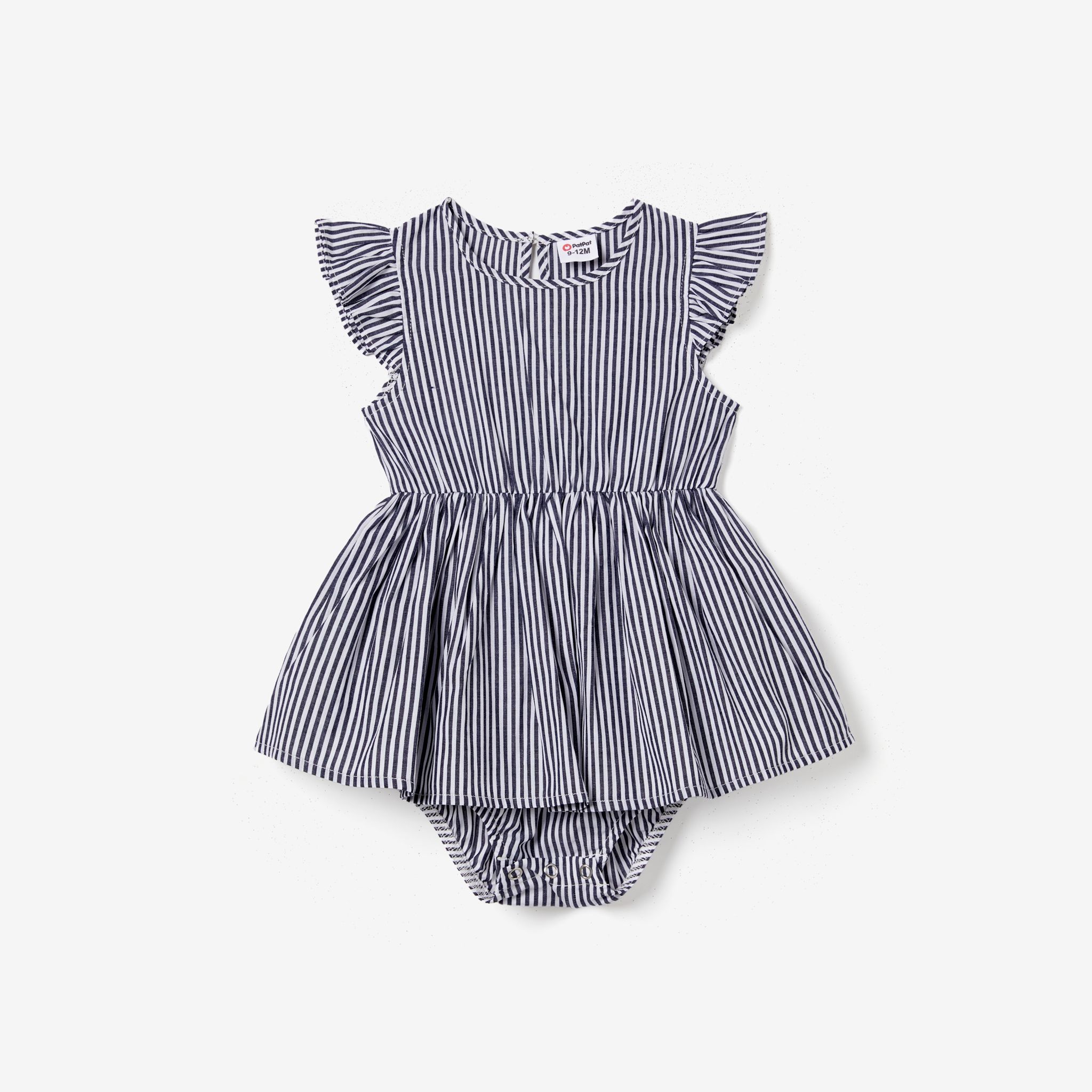 Family Matching Vertical Striped Shirt And Flutter Sleeves Wrap Front A-Line Dress Sets