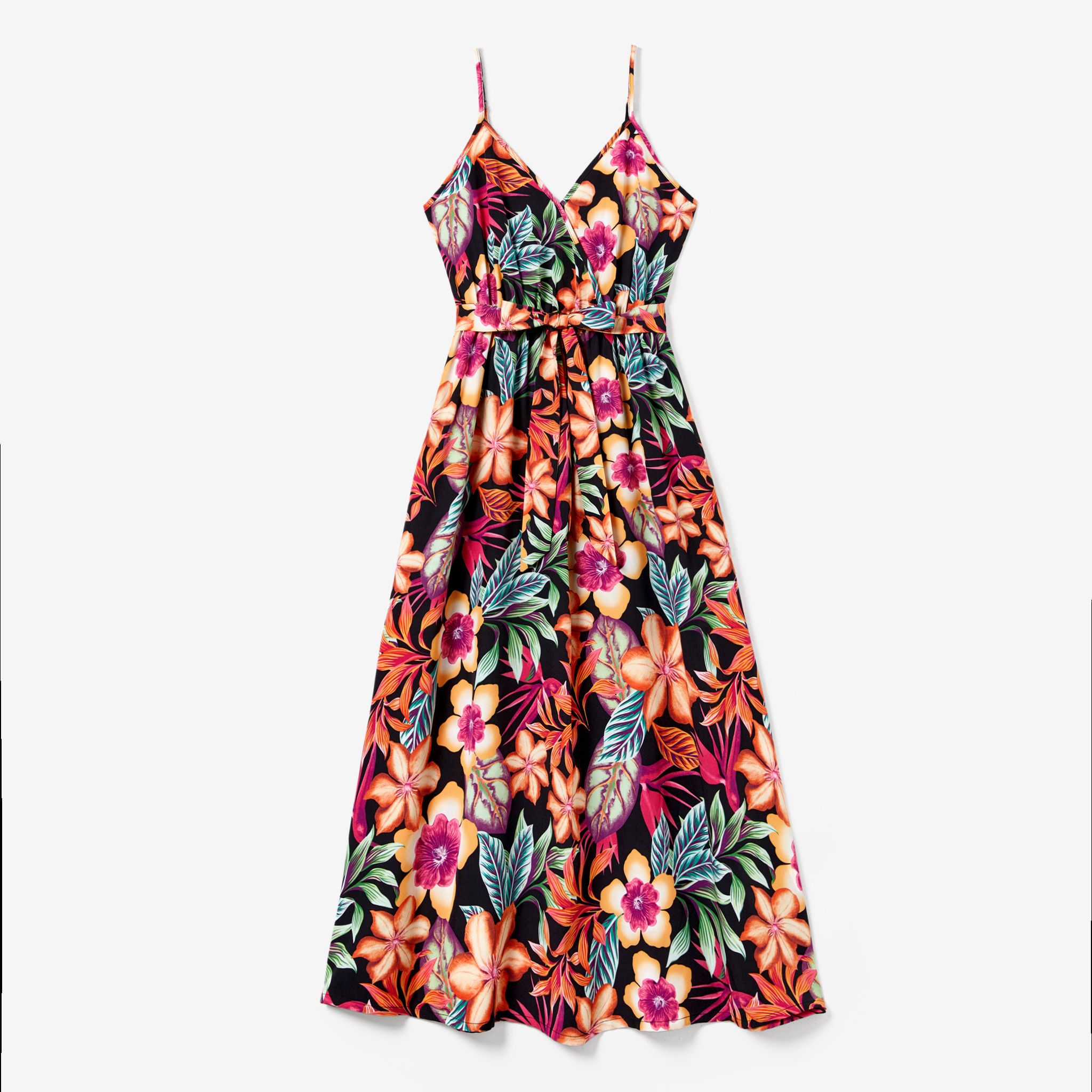 Family Matching Colorblock Top And Large Floral Print Belted Strap Dress Sets