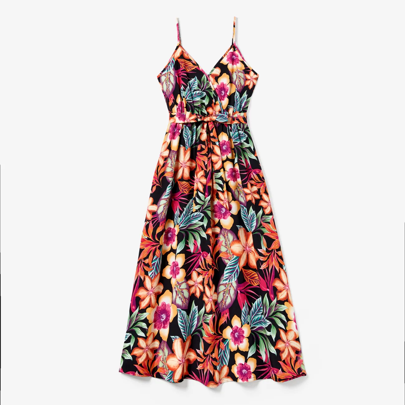 Family Matching Colorblock Top and Large Floral Print Belted Strap Dress Sets Black big image 1