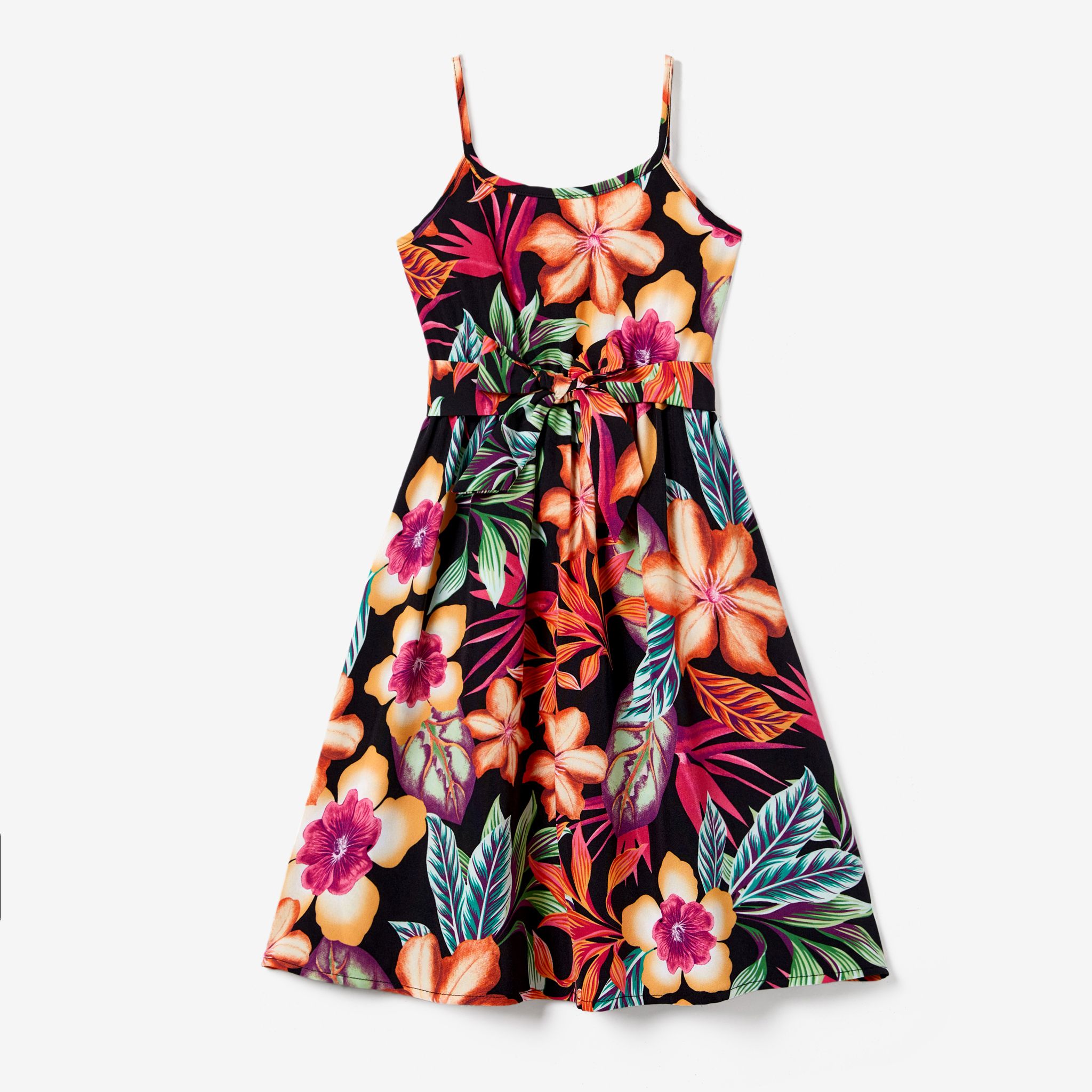 Family Matching Colorblock Top And Large Floral Print Belted Strap Dress Sets