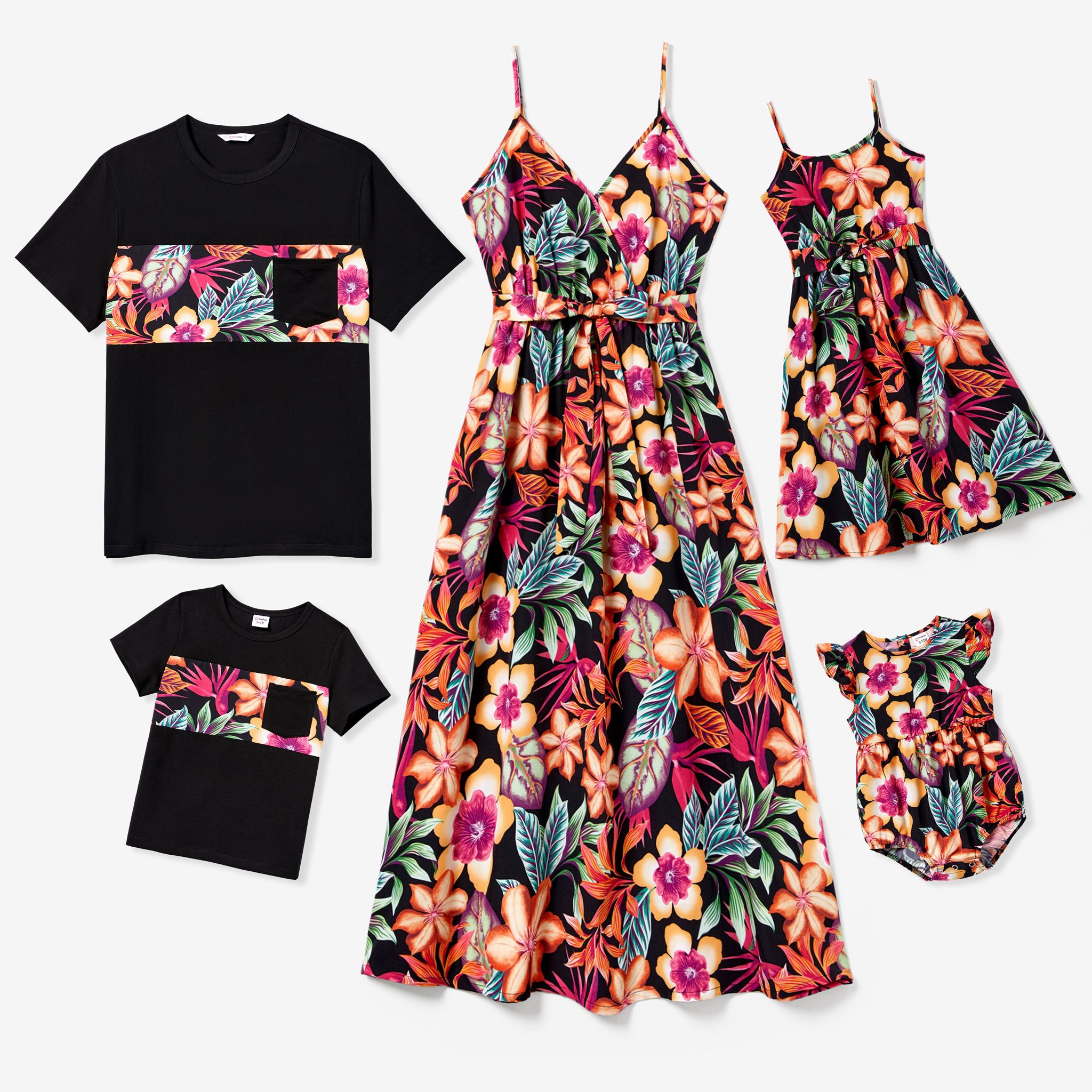 Family Matching Colorblock Top And Large Floral Print Belted Strap Dress Sets