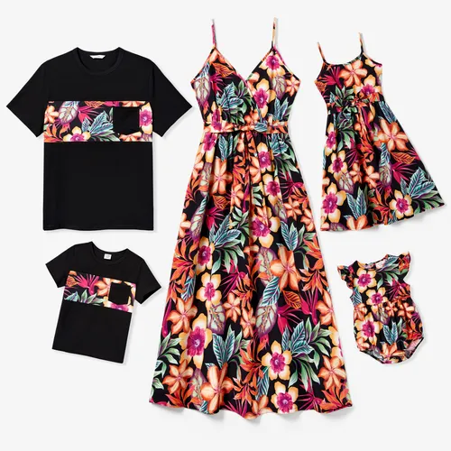 Family Matching Colorblock Top and Large Floral Print Belted Strap Dress Sets