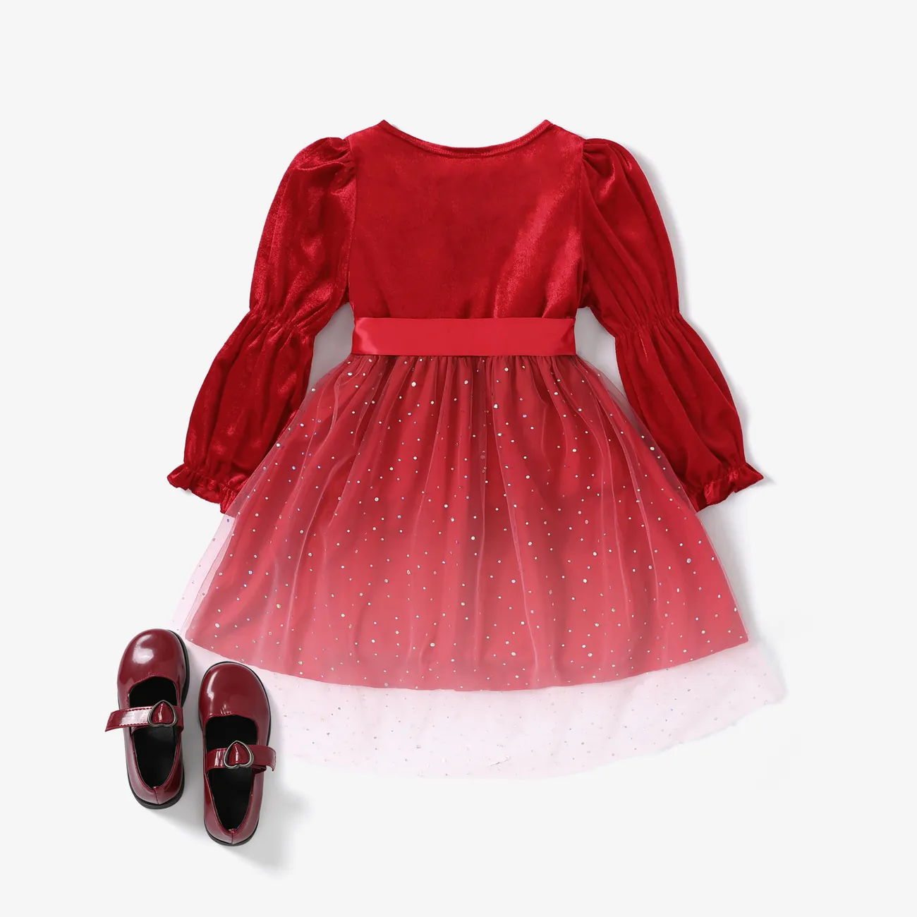 2pcs Kid Girls Sweet Puff Sleeve Multi-layered Star Mesh Dress  Red big image 1