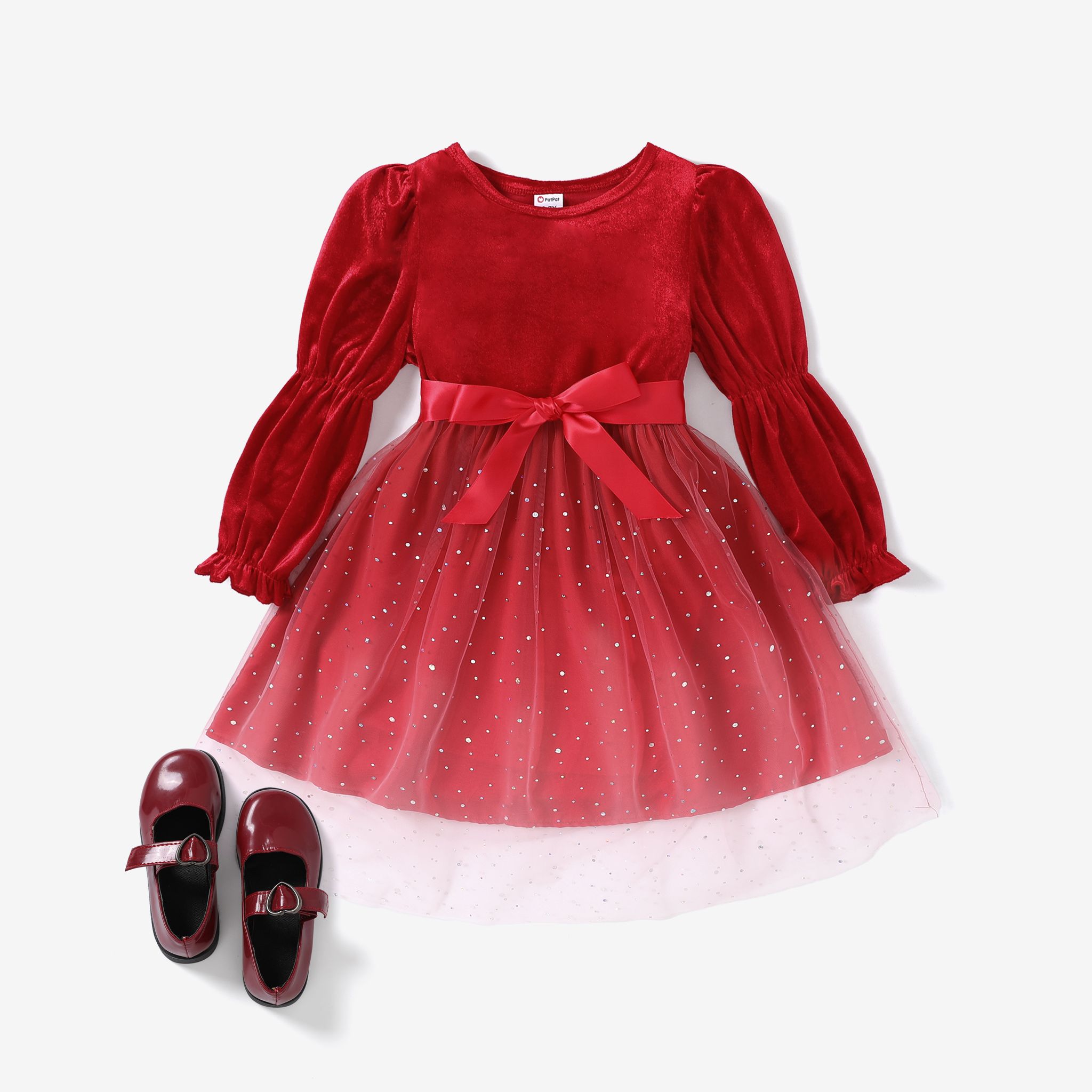 2pcs Kid Girls Sweet Puff Sleeve Multi-layered Star Mesh Dress