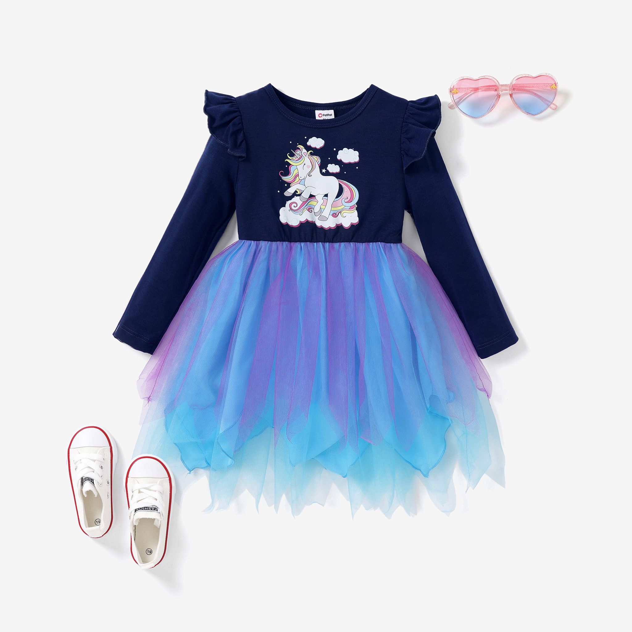 Toddler Girls Animal Pattern Unicorn Ruffled Multi-layered Mesh Dress
