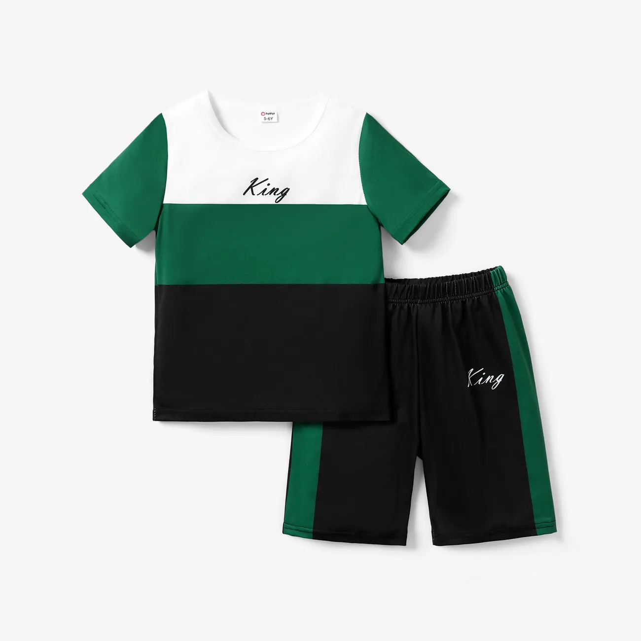 2pcs Kid Boy's Colorful Oversized Casual  Letter Pattern Top and Pants Set Dark Green big image 1