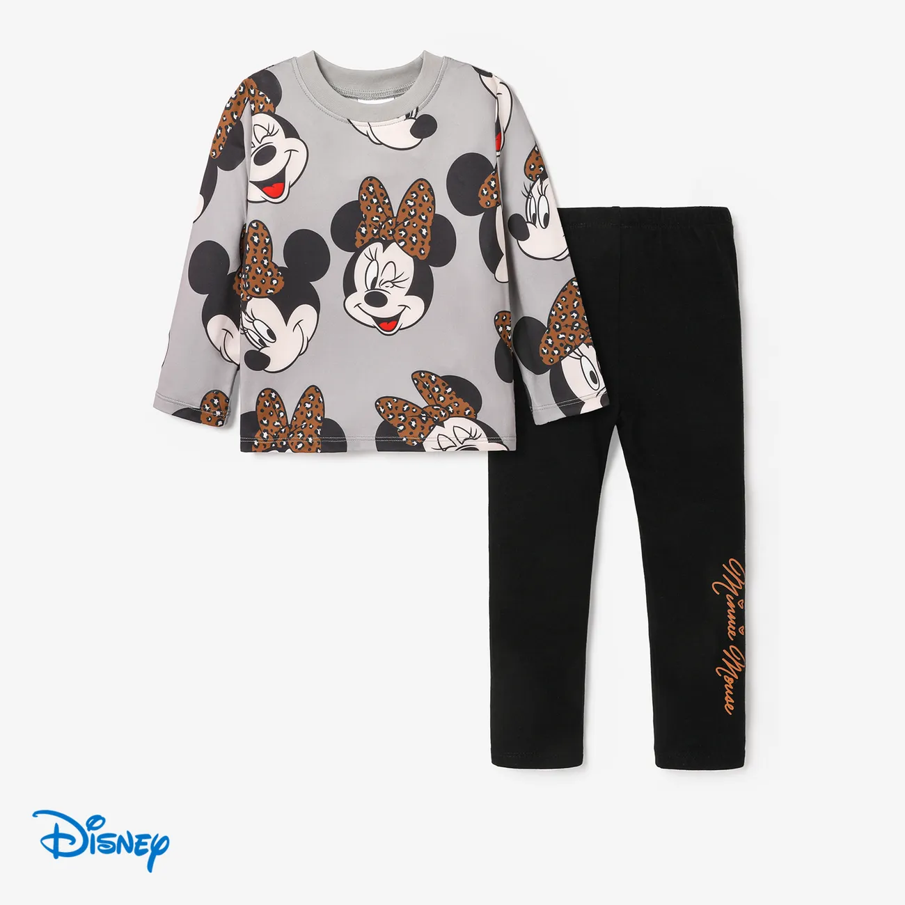 Disney Mickey and Friends Toddler Girl Cotton Leopard Print Solid Top and Pant Sets Grey big image 1