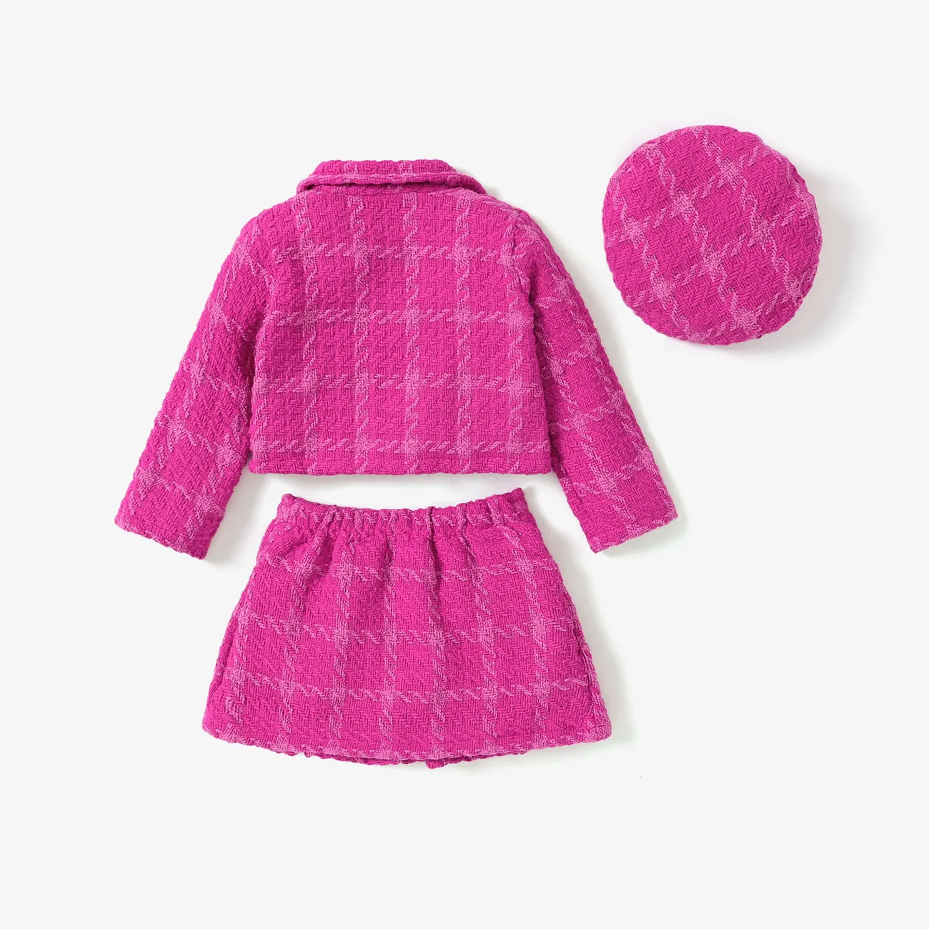 3pcsToddler Girl's Solid Color Classic Grid Houndstooth Suit Dress Set with Hat Hot Pink big image 1