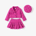 3pcsToddler Girl's Solid Color Classic Grid Houndstooth Suit Dress Set with Hat Hot Pink