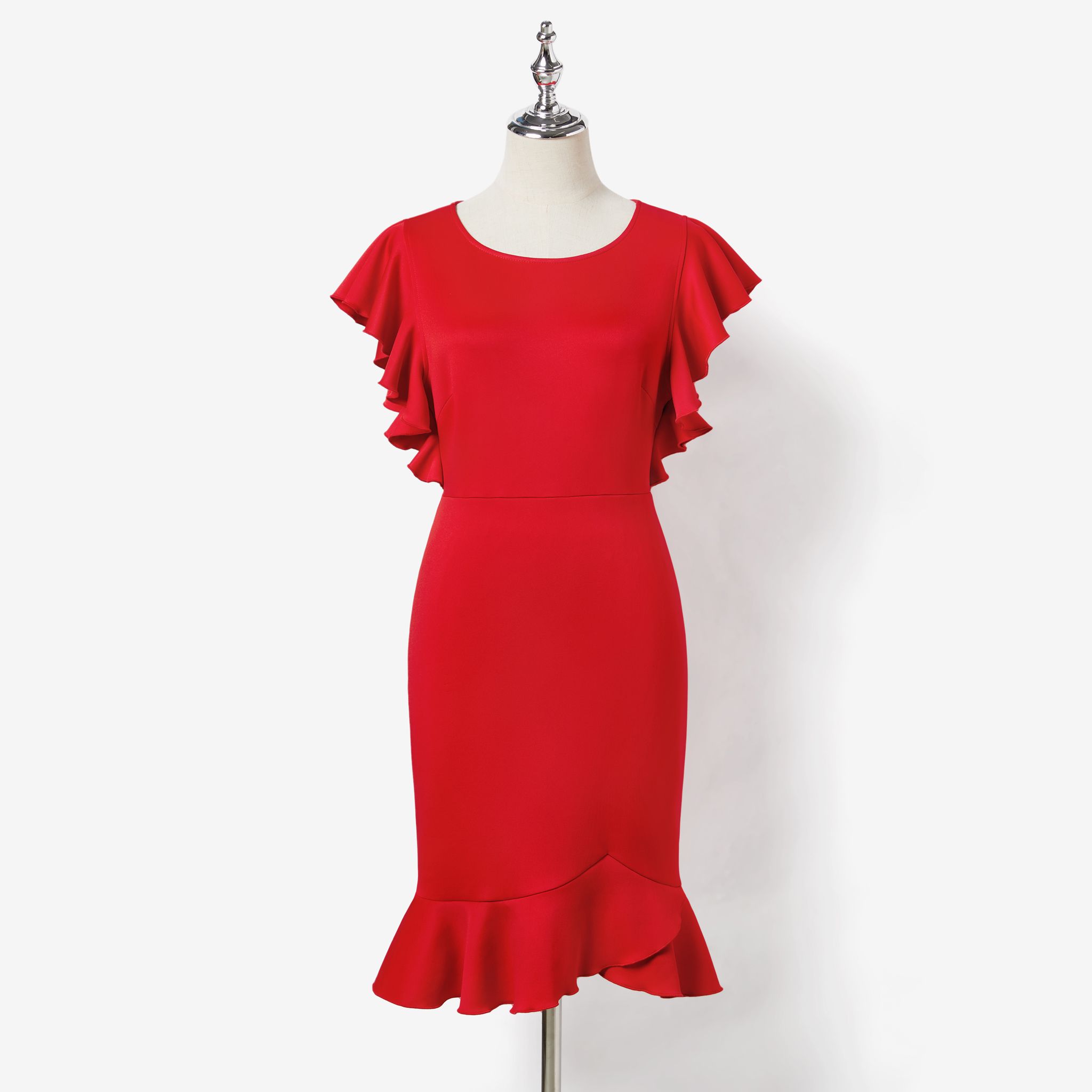 Mommy and Me Red Flutter Sleeve Body-con Ruffle Hem Mesh Dresses