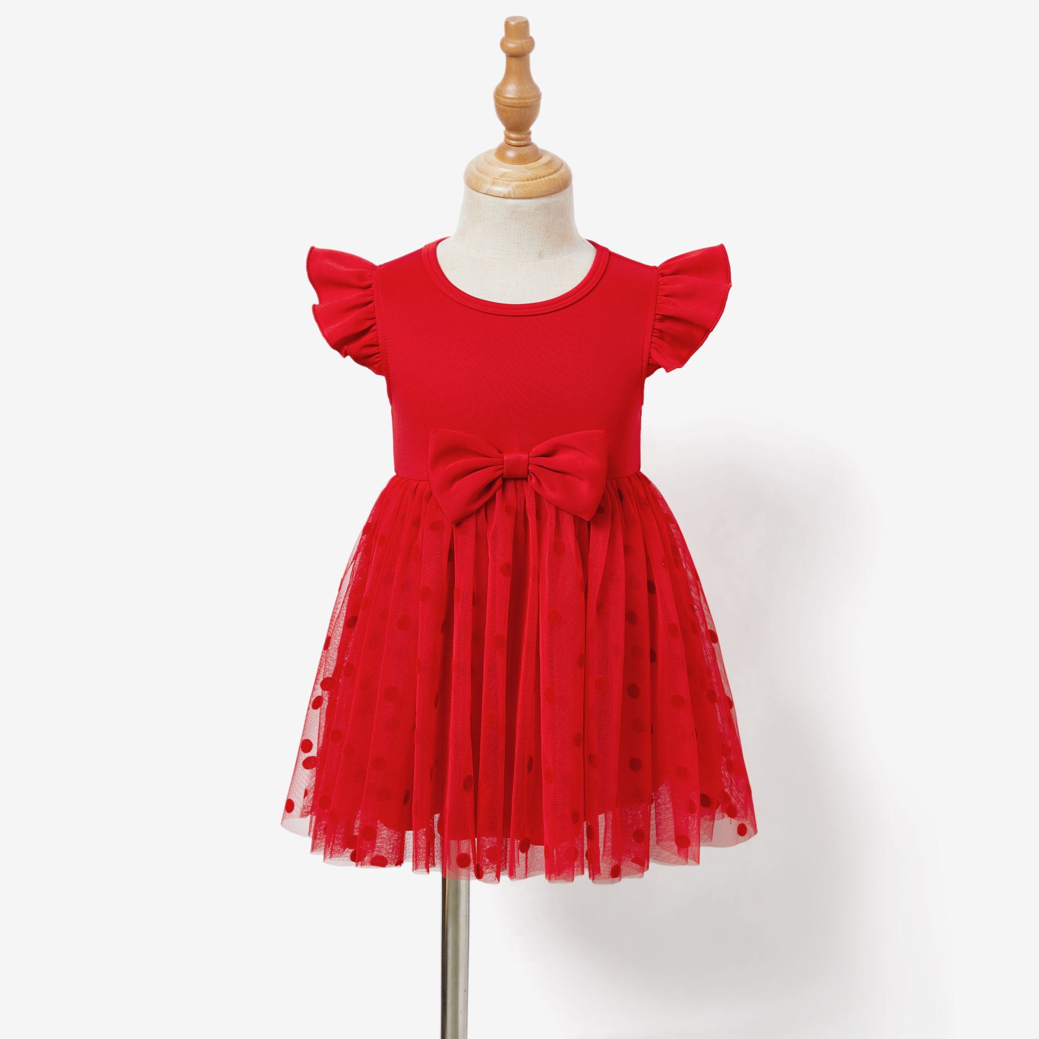 Valentine's Day Mommy And Me Red Flutter Sleeve Body-con Ruffle Hem Mesh Dresses