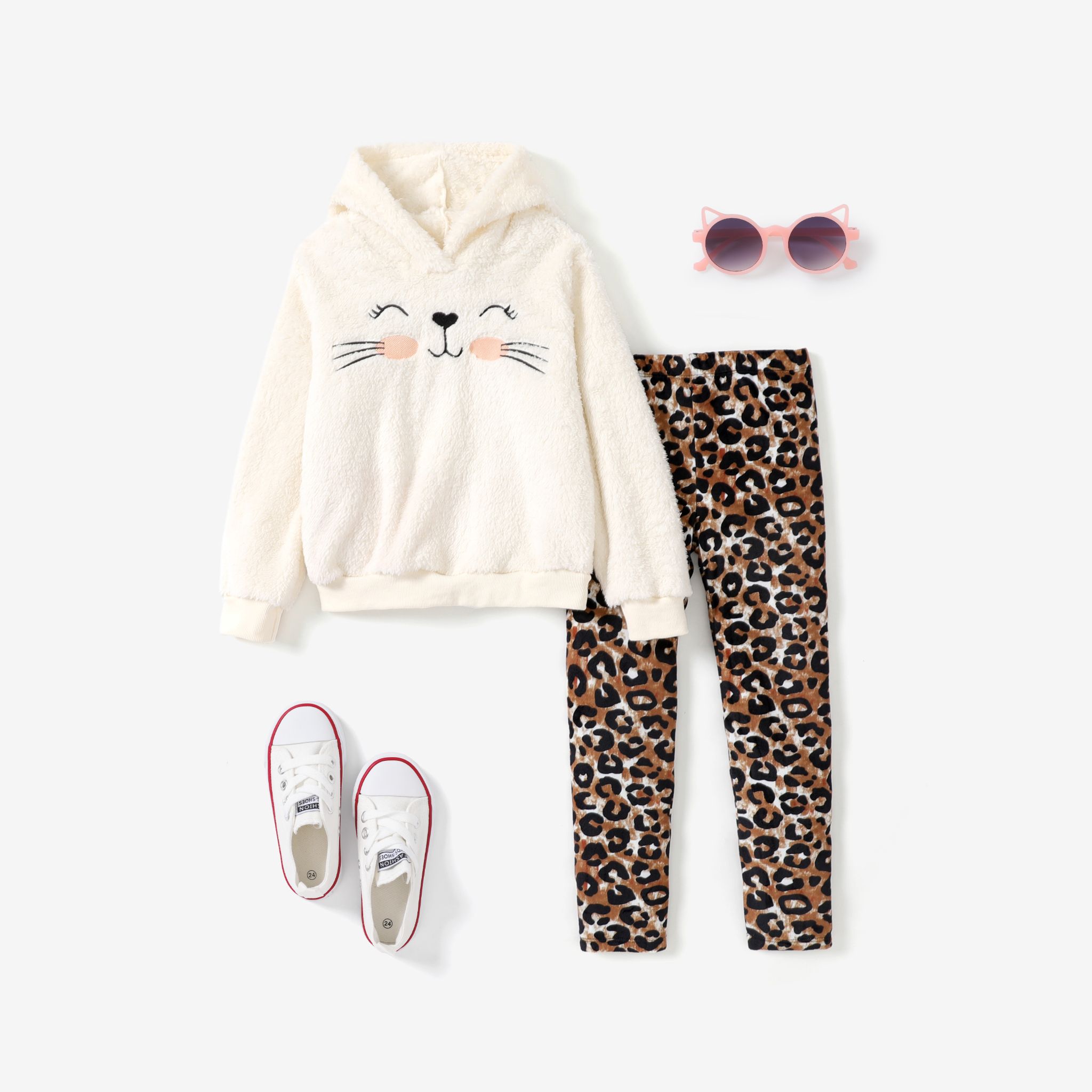 2pcs Kid Girl's Cat Animal Pattern Fleece Hoodie And Leggings Set