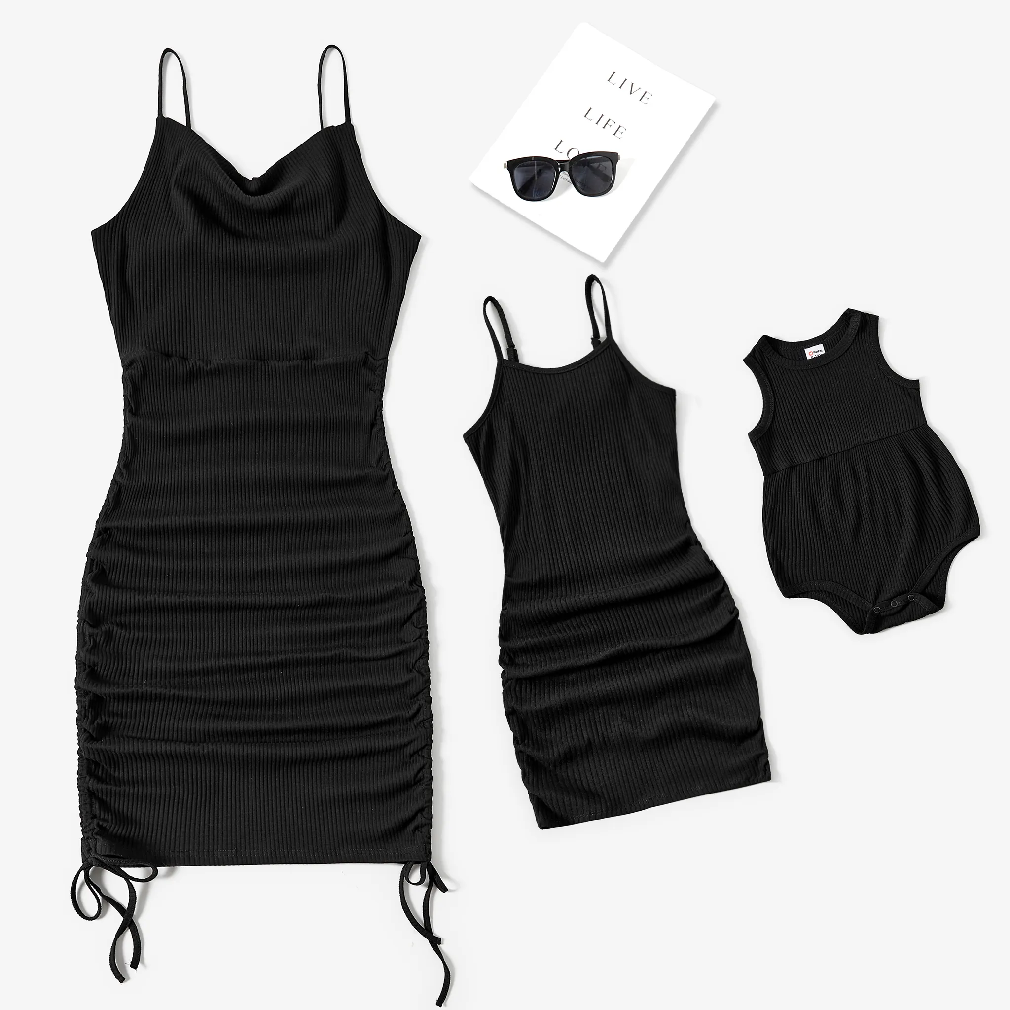 Mommy and Me Elegant Solid Black Pleat Design Cotton Sleeveless Sling Dresses