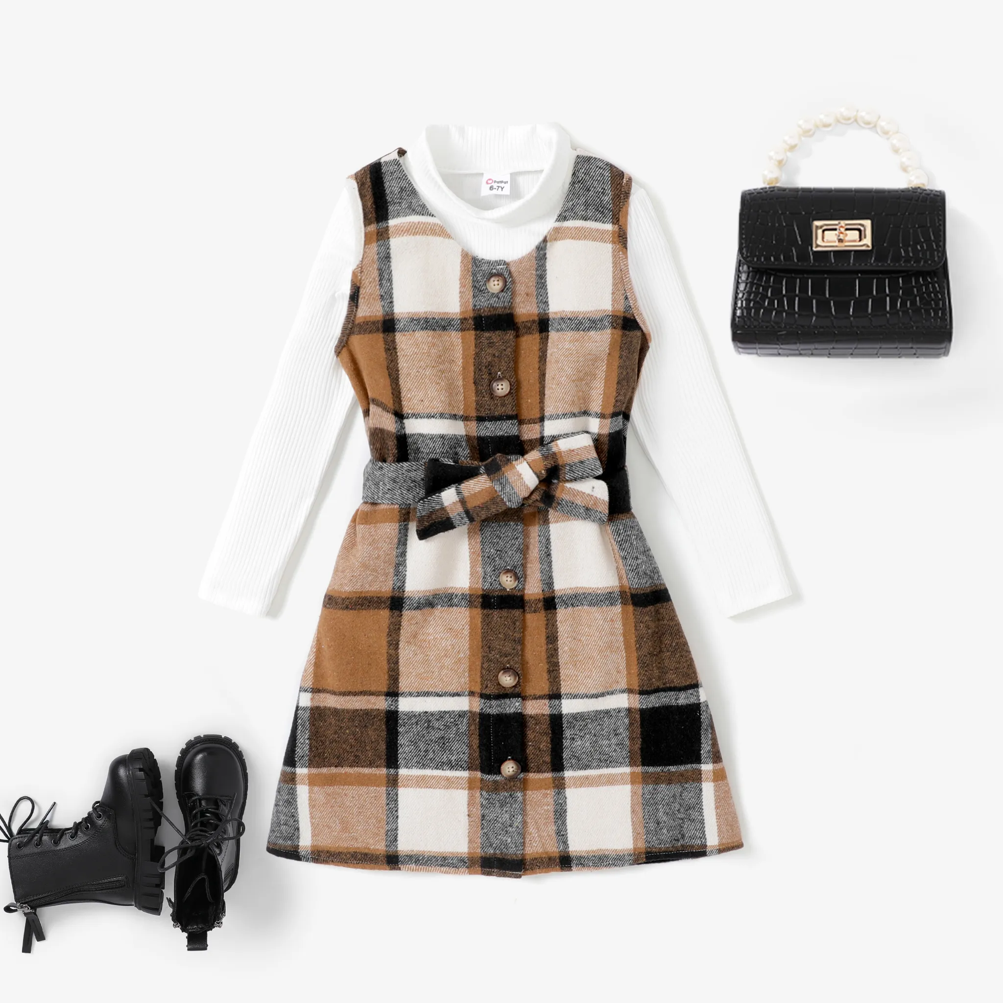 3pcs Kid Girl Avant-garde White Basic Turtle neck Tshirt and Grid/Houndstooth Dress Set with Belt