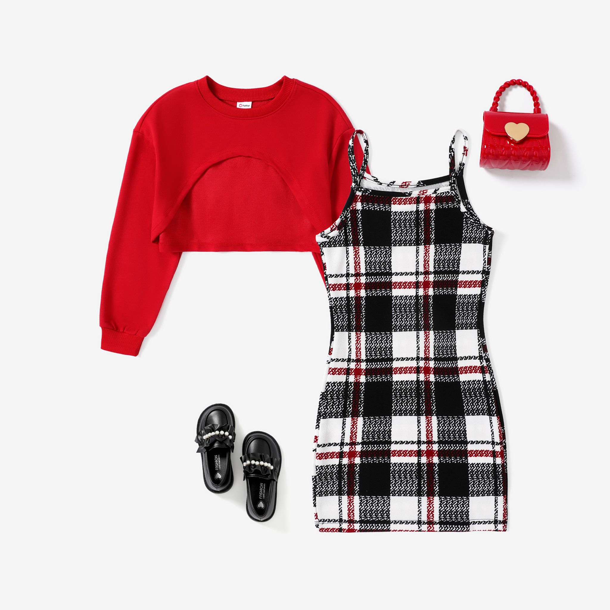 Kid Girls 2pcs Sweet Grid/Houndstooth Asymmetrical Hemline Pullover And Skirt Set