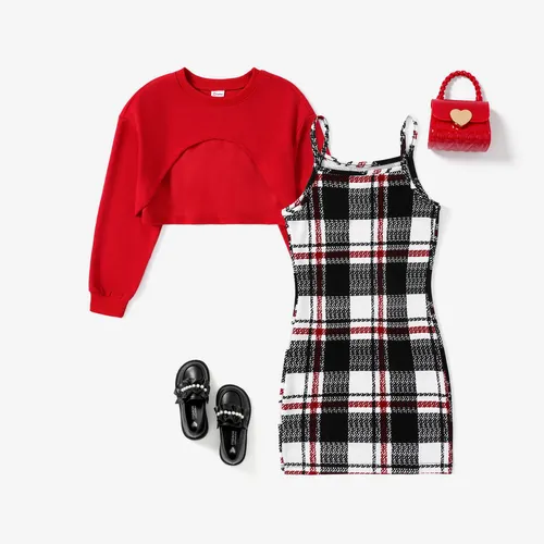 Kid Girls 2pcs Sweet Grid/Houndstooth Asymmetrical Hemline Pullover and Skirt Set
