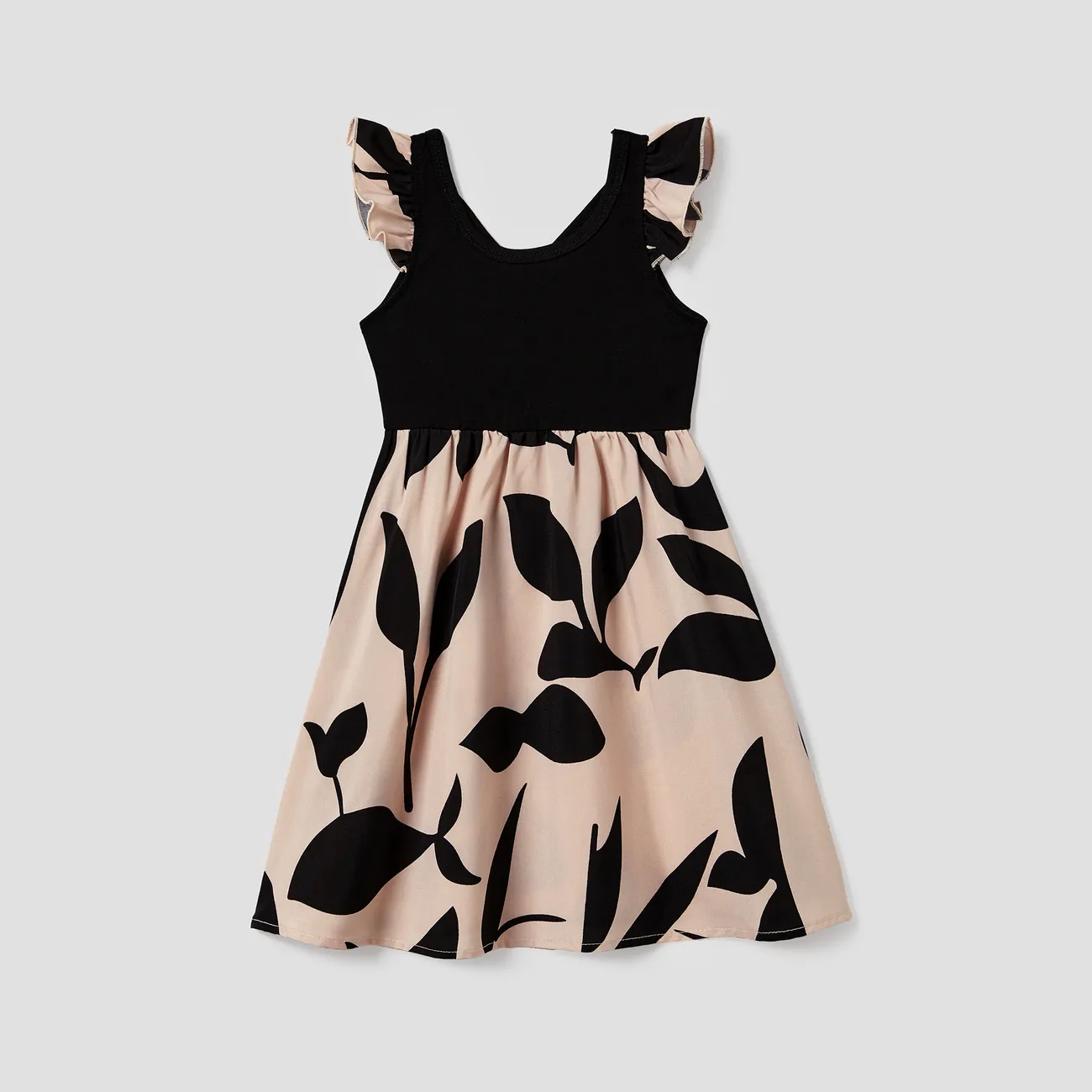 Family Matching Cross Back Floral Strap Dress and Colorblock Top Sets Black big image 1