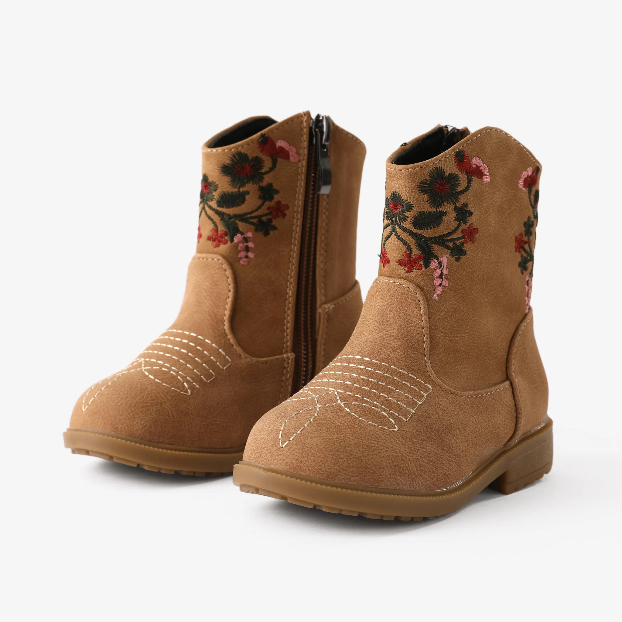 Toddler and Kids Floral Embroidery Side Zipper Leather Boots
