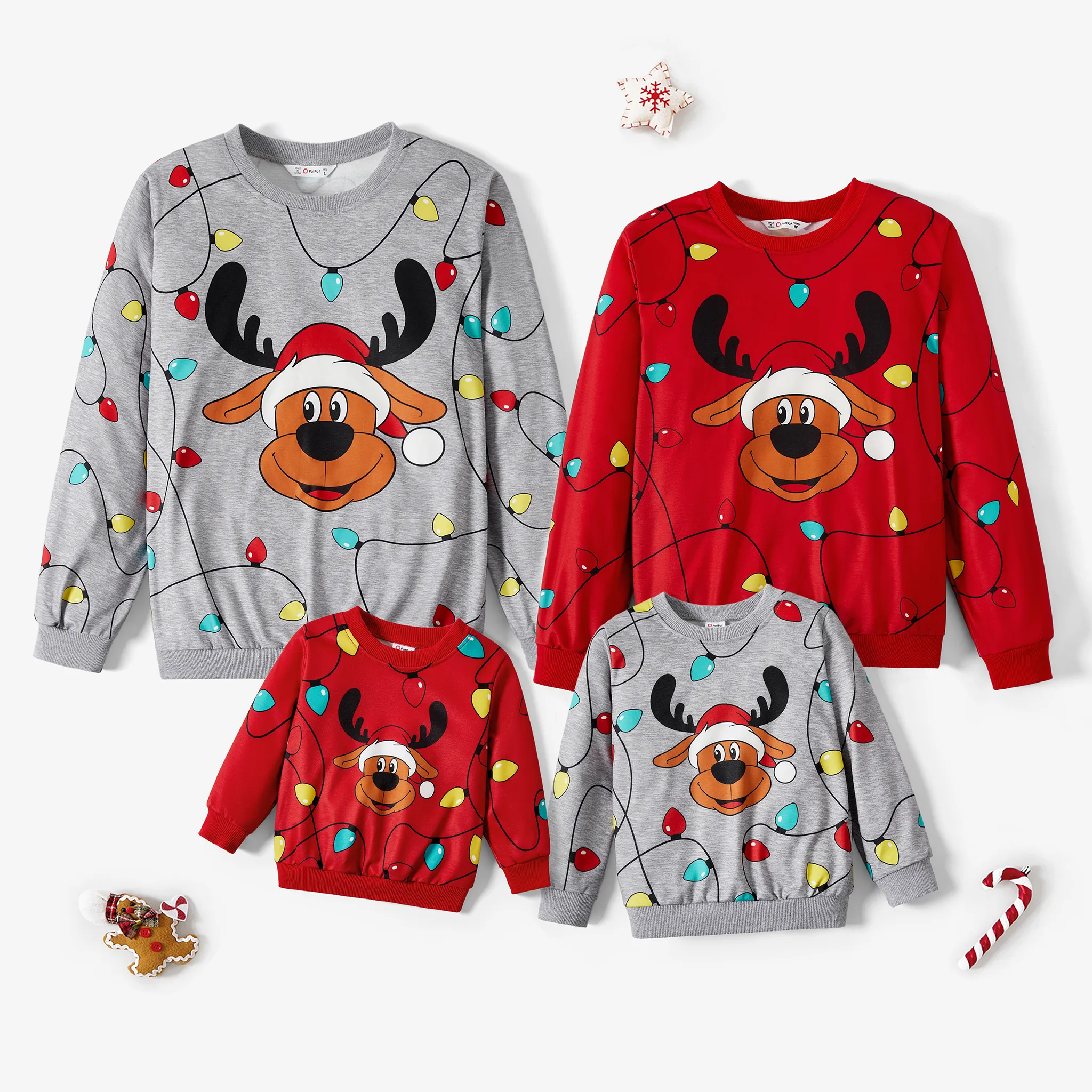Christmas Family Matching Cartoon Reindeer & Lightbulb Print Long Sleeves Tops Color block image 2