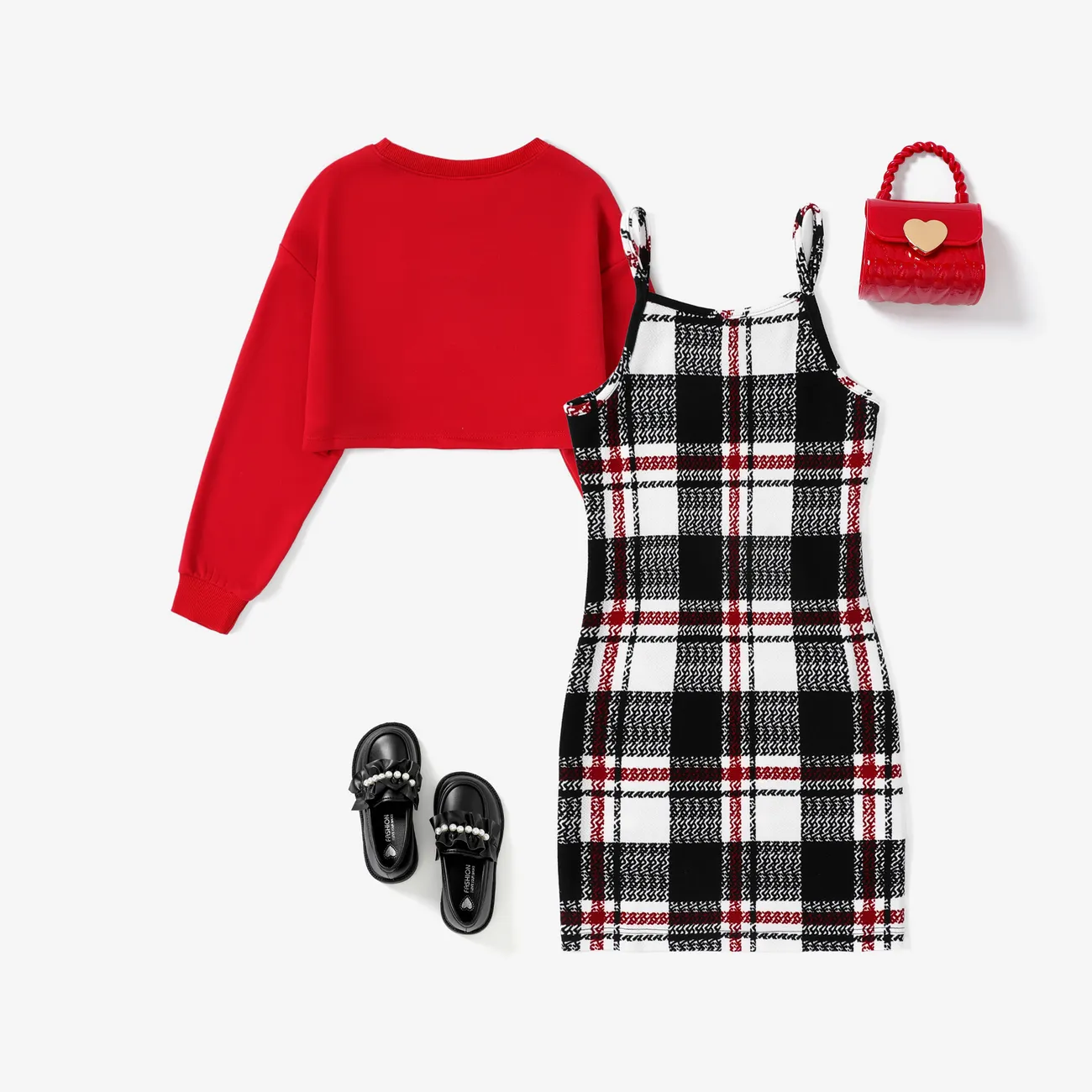 Kid Girls 2pcs Sweet Grid/Houndstooth Asymmetrical Hemline Pullover and Skirt Set
 Red big image 1