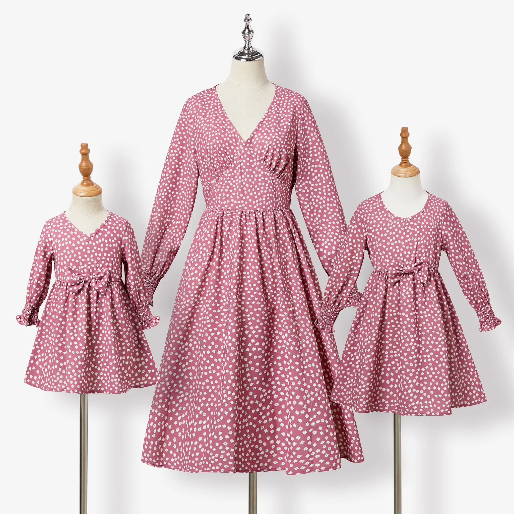 Mommy and Me Polka Dots All-over Print V-neck Long Sleeve Dresses