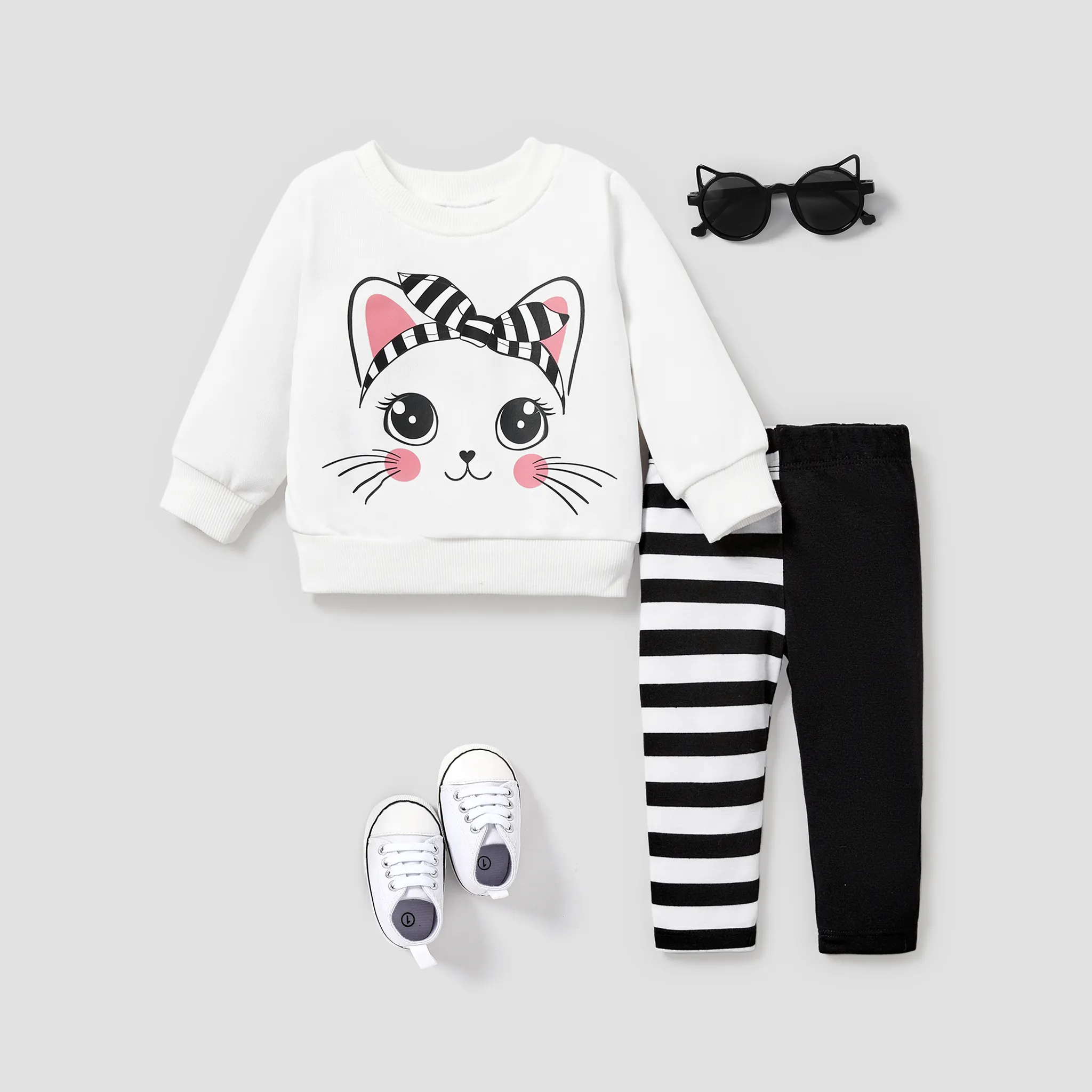 Childlike Cat 2pcs Baby Girl Set with Fabric Stitching BlackandWhite big image 1