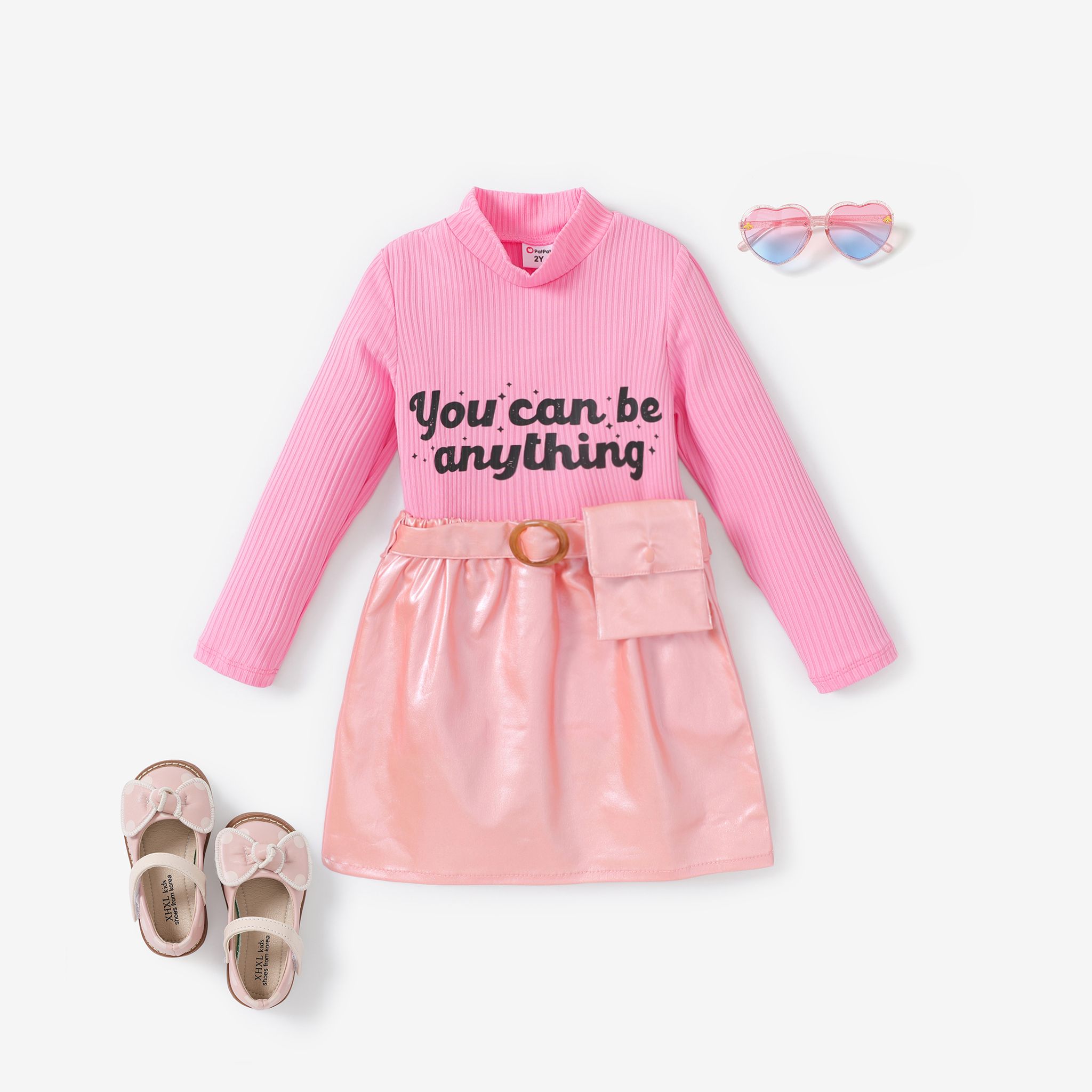 3pcs Toddler Girl Pinky Lettern Print Turtle Neck Tshirt And Leather Skirt Set With Belt And Bag