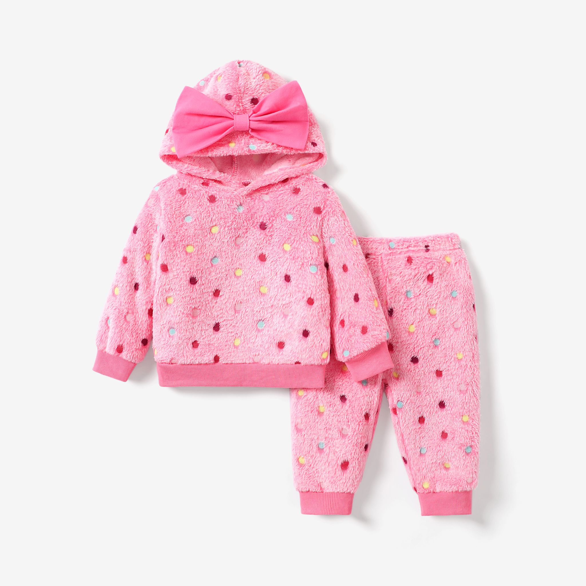 2pcs Baby Girl Sweet Polka Dot Flannel Set With Big Bowknot Hood - Colorfast And Soft