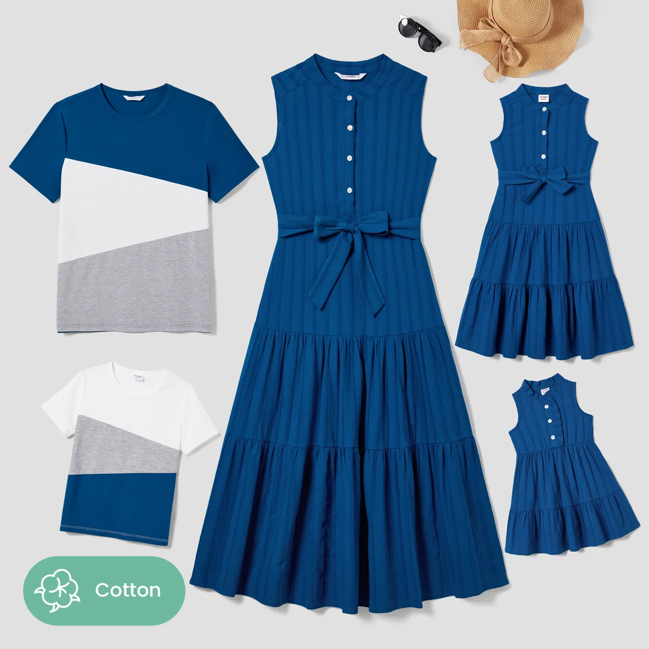 Family Matching Tiered A-line Midi Dress and Colorblock Top Sets Peacockblue big image 1
