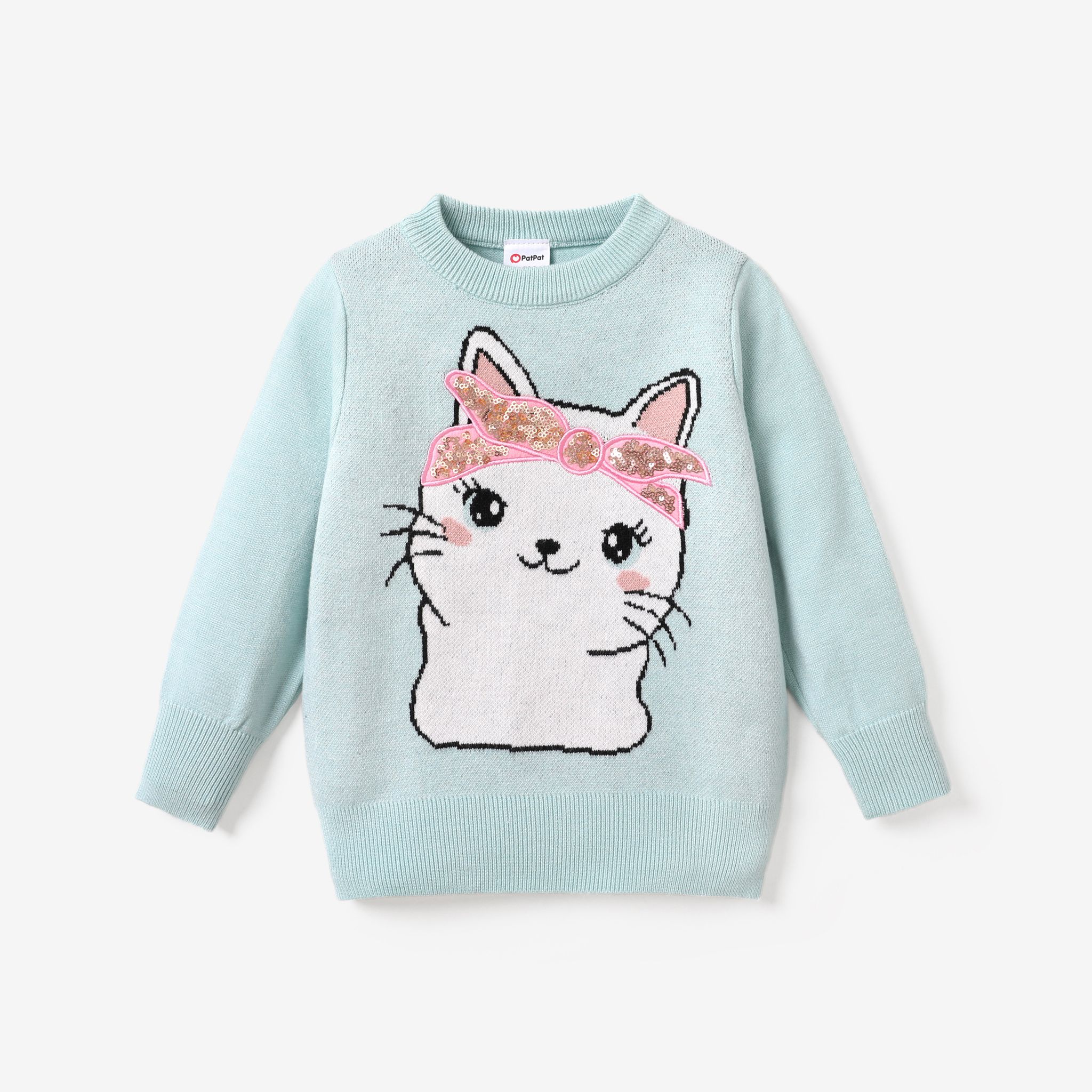 Toddler Girl Cat Animal Pattern Sequin Design Round Neck Sweater