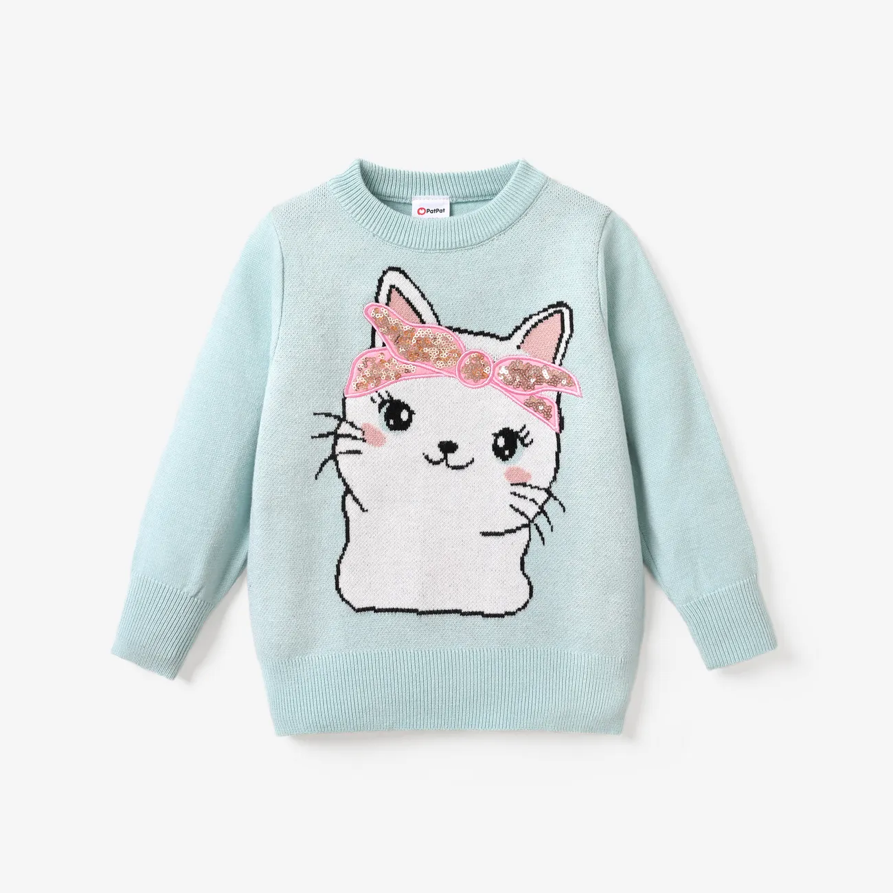 Toddler Girl Cat Animal Pattern Sequin Design Round Neck Sweater  big image 1