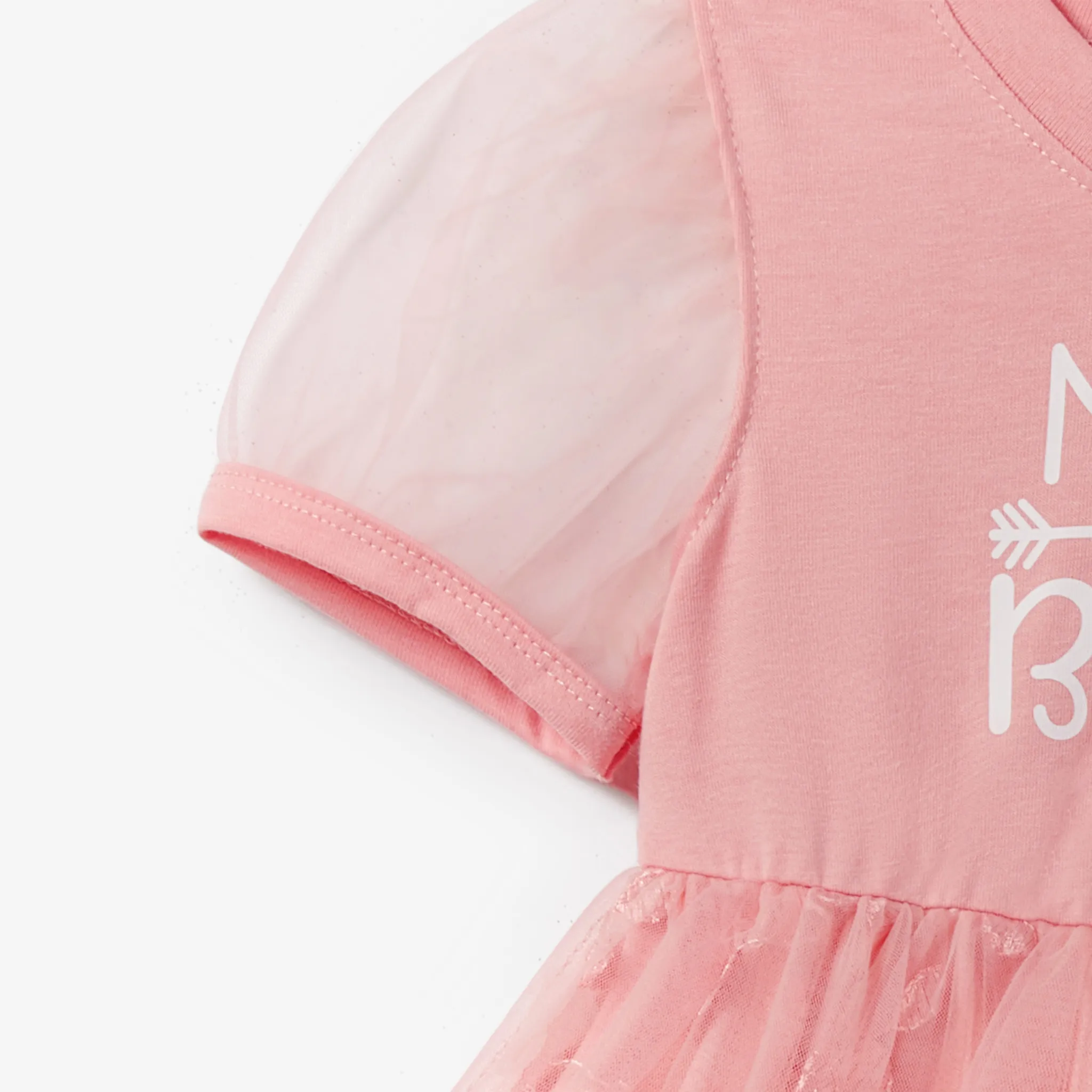 Mommy and Me Letter Print Short Sleeves Coral Flower Mesh Princess Dresses Coral image 4
