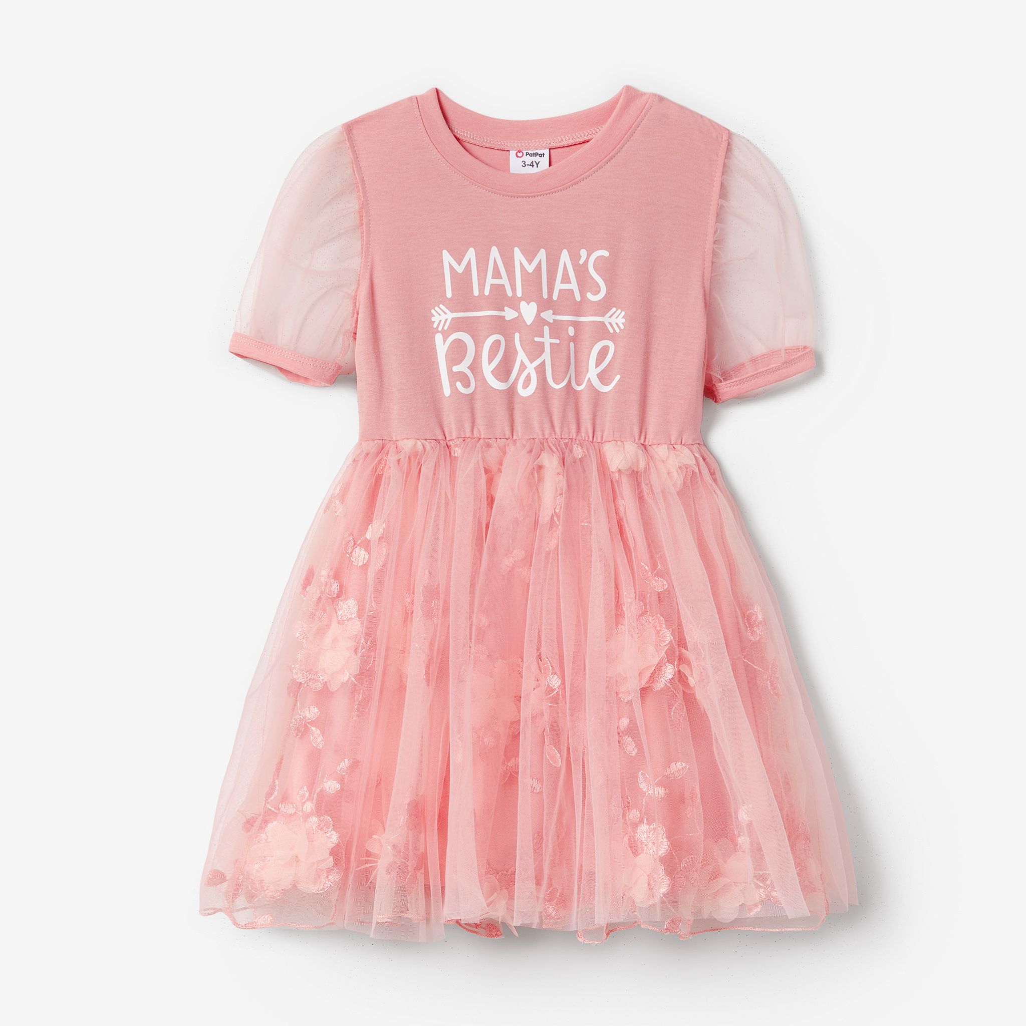 Mommy And Me Letter Print Short Sleeves Coral Flower Mesh Princess Dresses