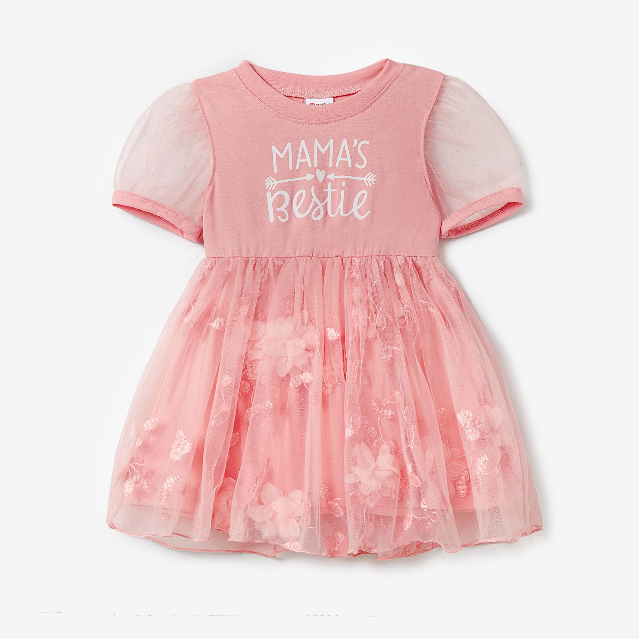 Mommy And Me Letter Print Short Sleeves Coral Flower Mesh Princess Dresses