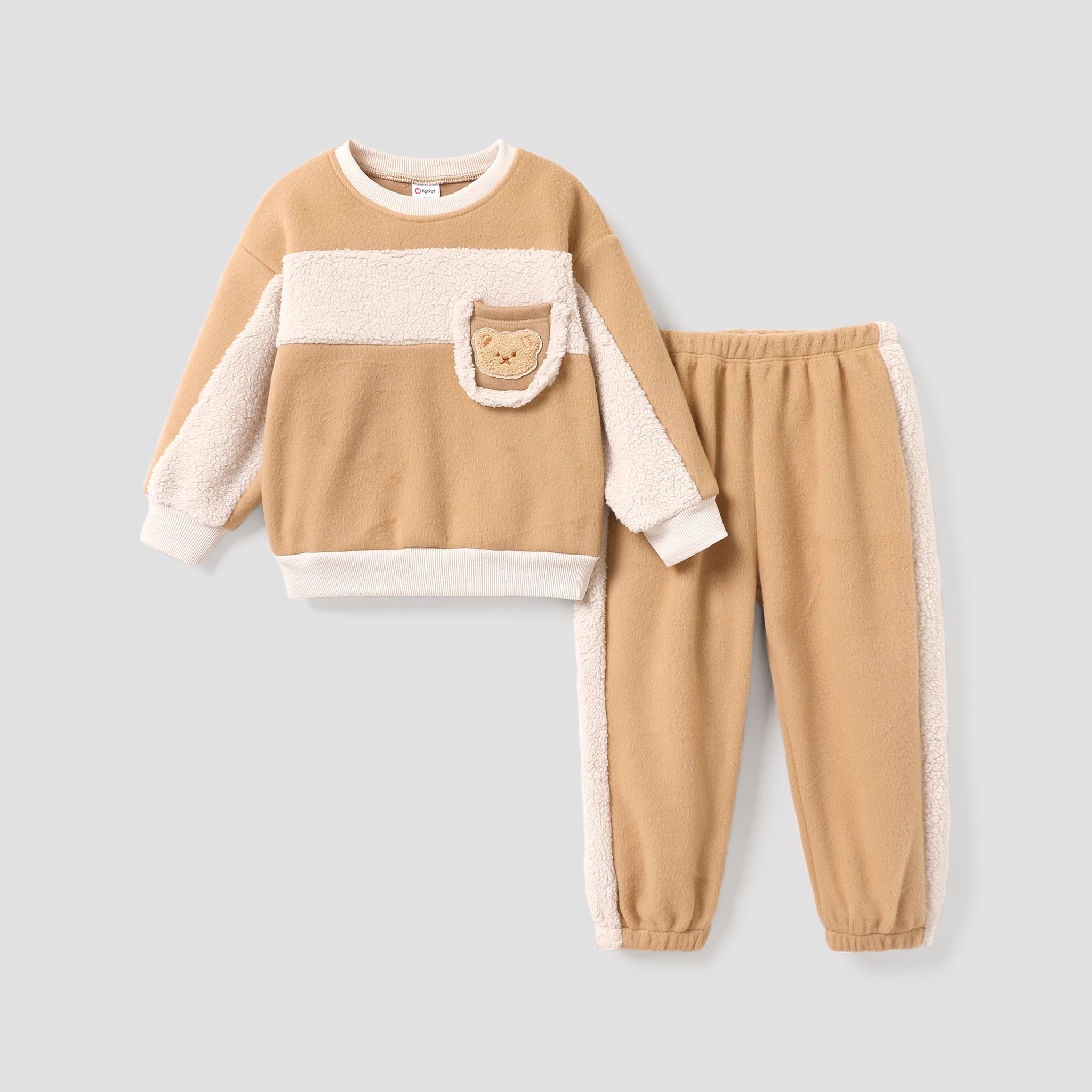2pcs Toddler Girl/Boy Bear Pattern Fabric Stitching Fleece Set,