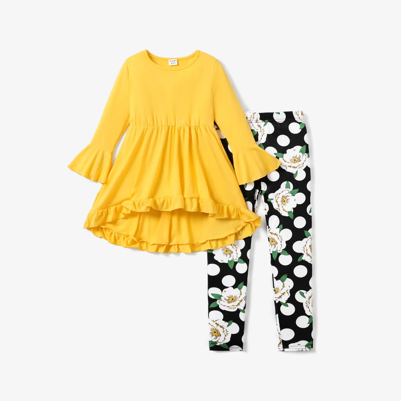 2-piece Kid Girl Bell sleeves Ruffled High Low Solid Top and Floral Polka dots Print Leggings Set