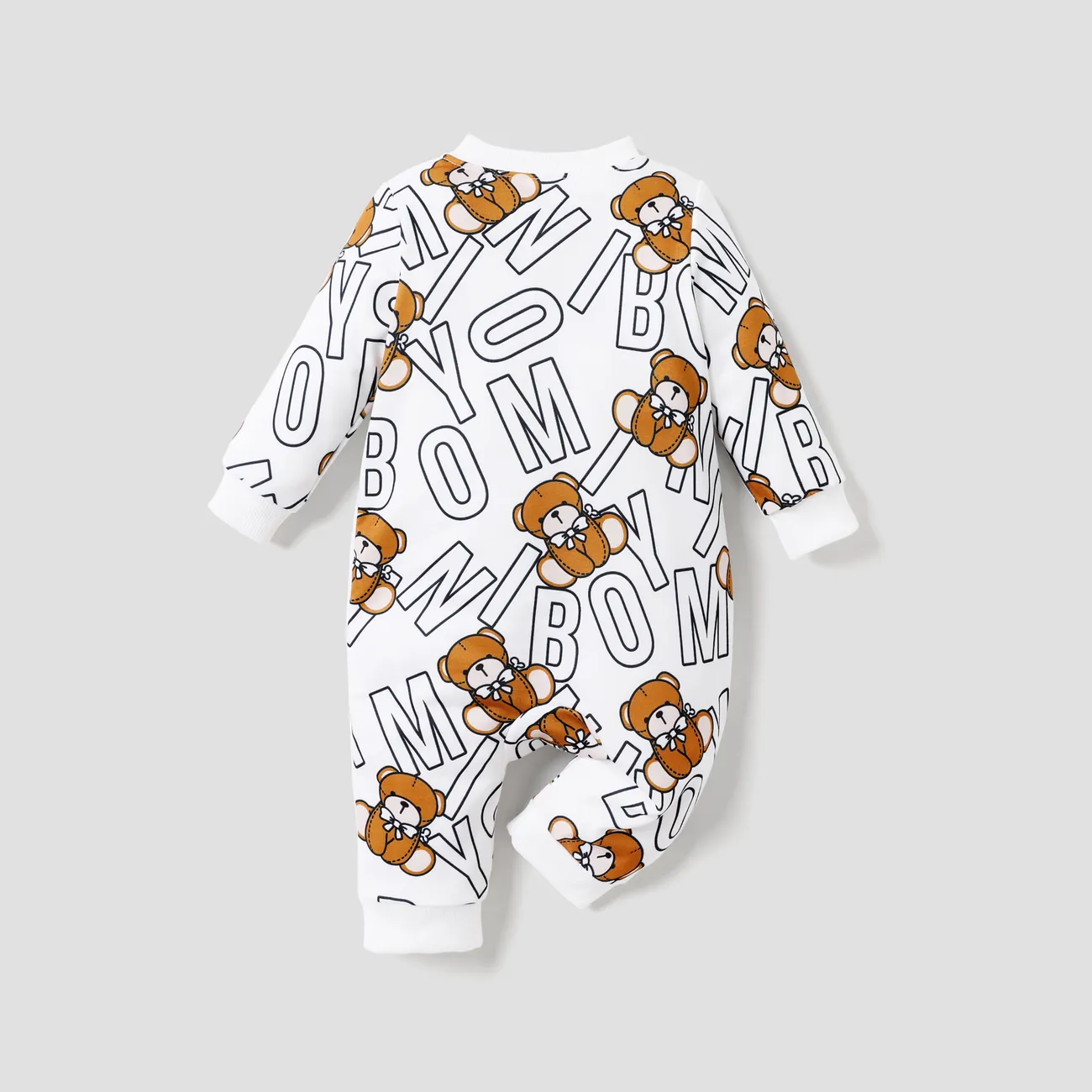 Baby Boy Basic Letter and Bear Pattern Long Sleeve Jumpsuit White big image 1