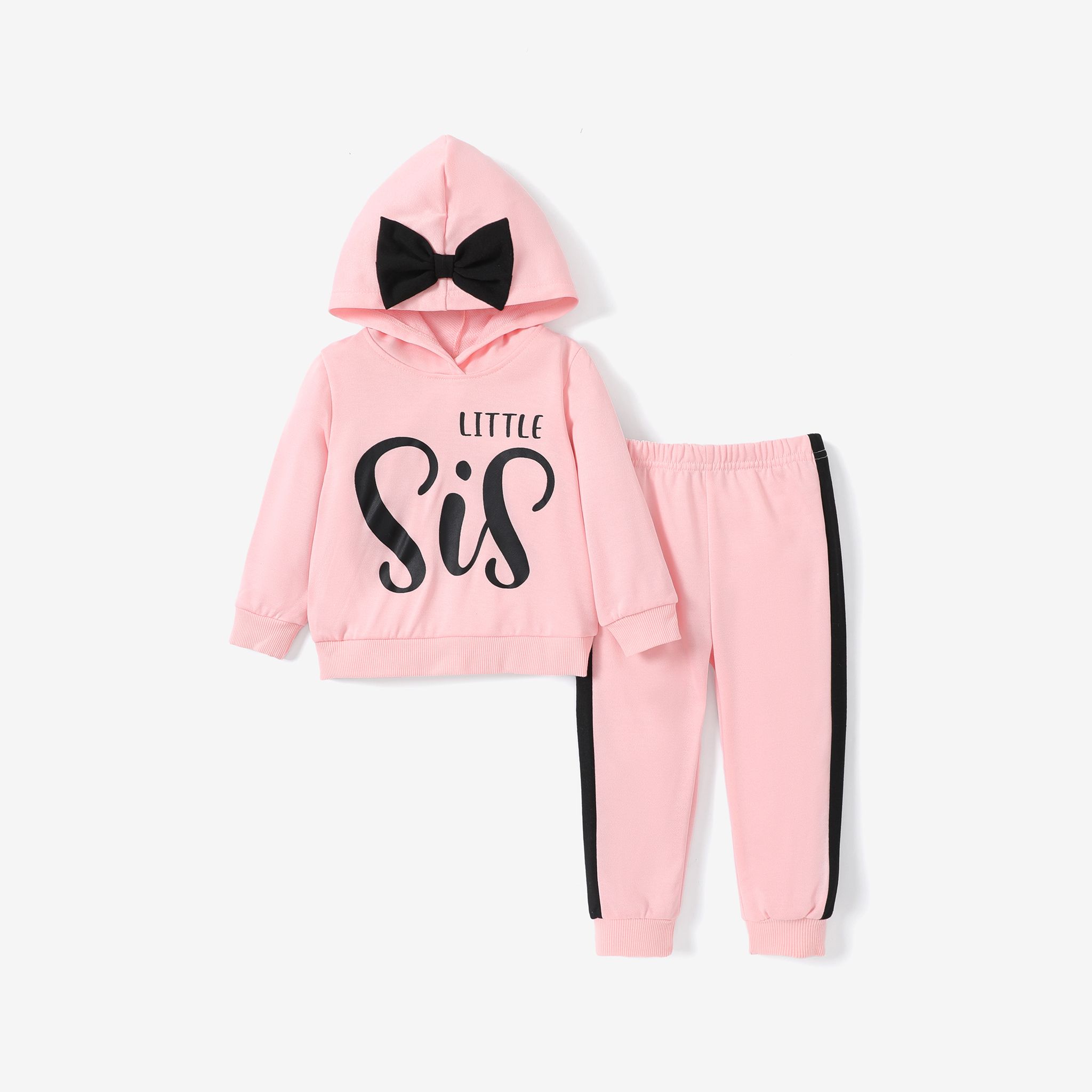2pcs Toddler Girl Letter Print Bow Decor Hoodie And Pants Set