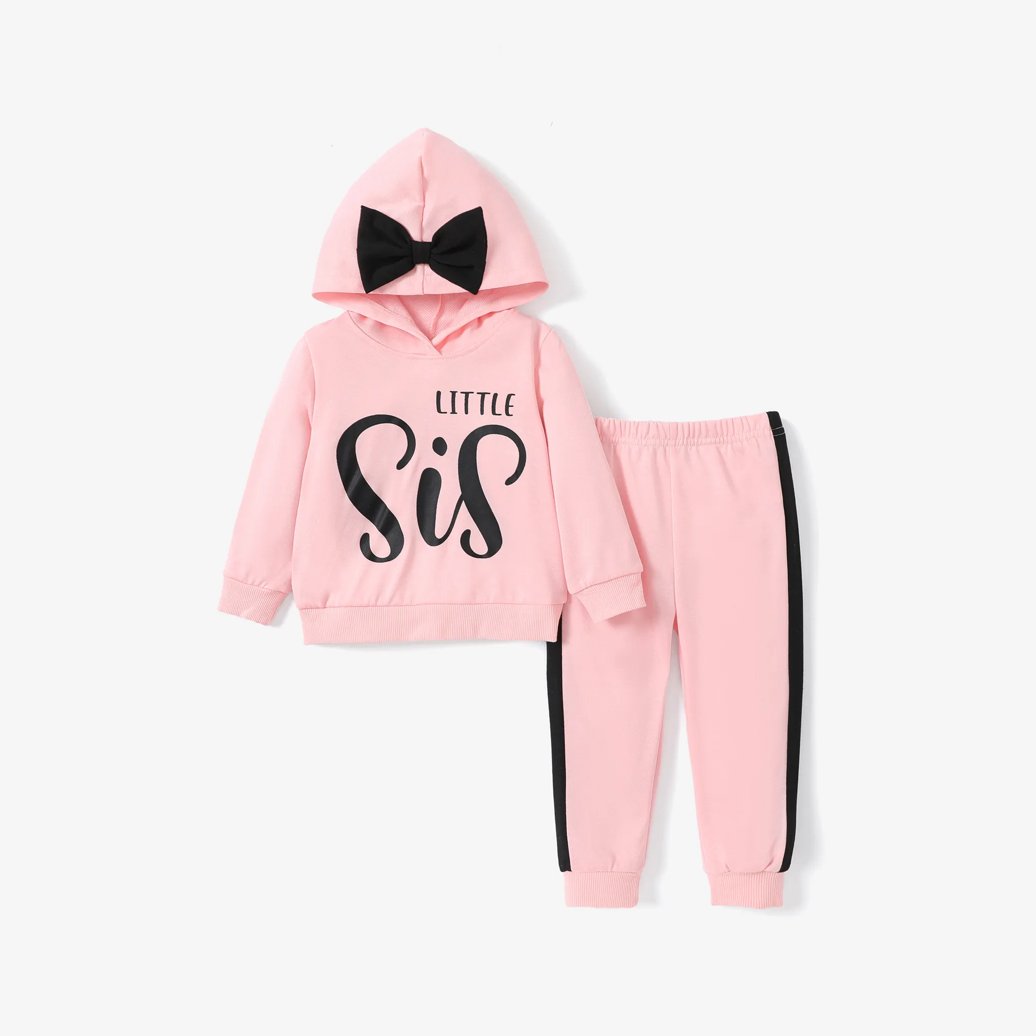 2pcs Toddler Girl Letter Print Bow Decor Hoodie and Pants Set   big image 1