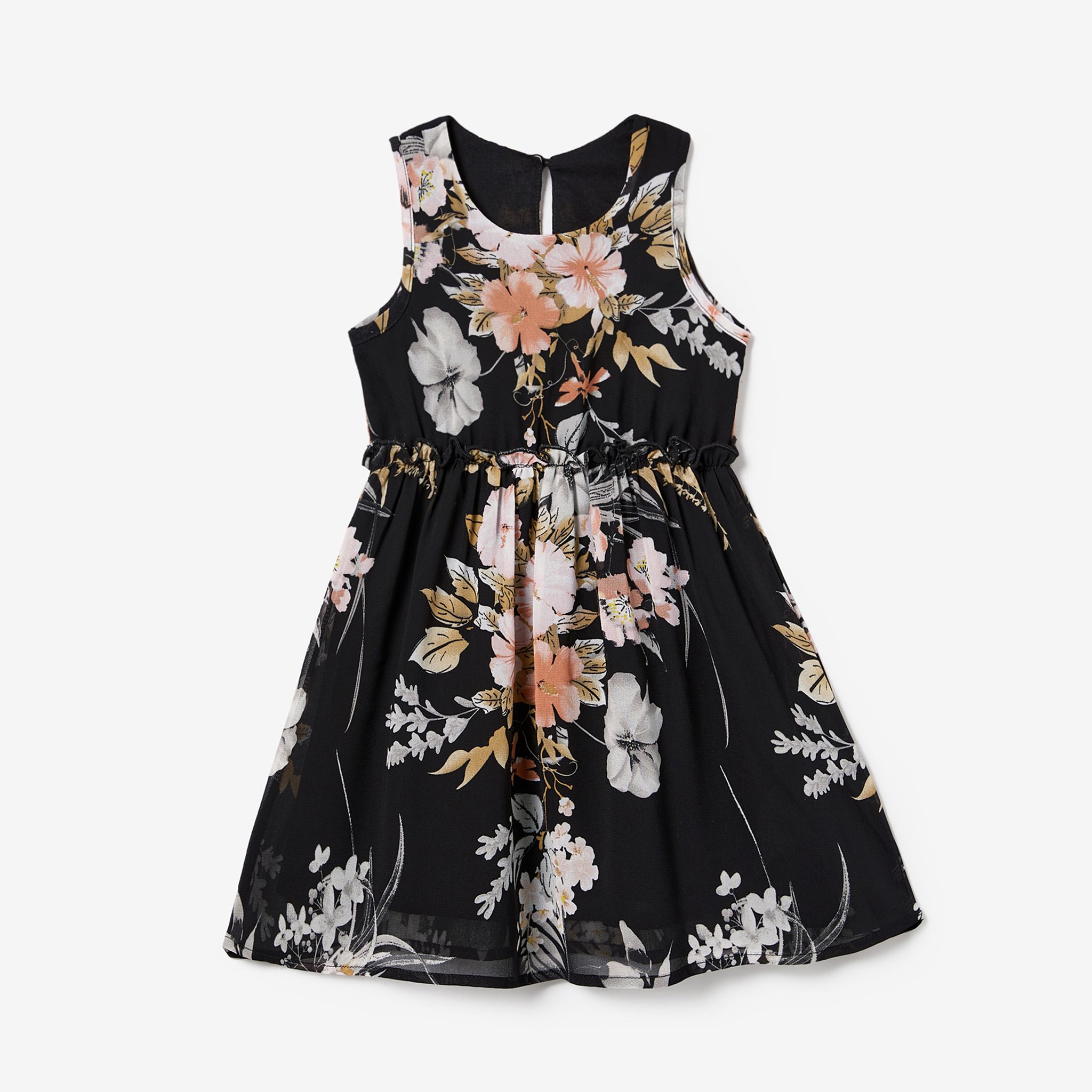 Family Matching Colorblock Stripe T-shirt And Floral Open-shoulder Ruffle Hem Chiffon Dress Set