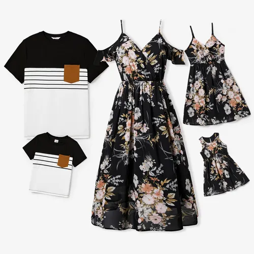 Family Matching Colorblock Stripe T-shirt and Floral Open-shoulder Ruffle Hem Chiffon Dress Set