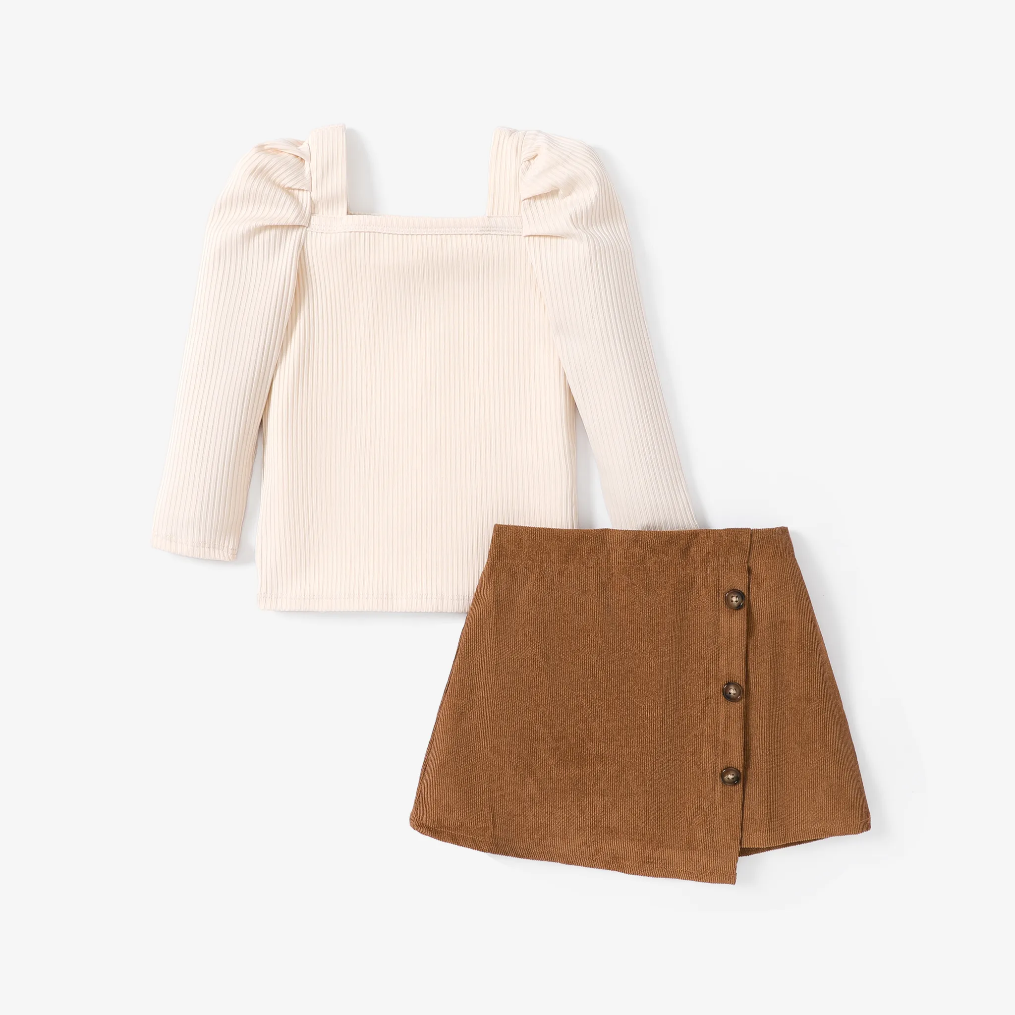2pcs Toddler Girl Square Collar Ribbed Solid Long-sleeve Top and Buttons Skirt Set Apricot image 2