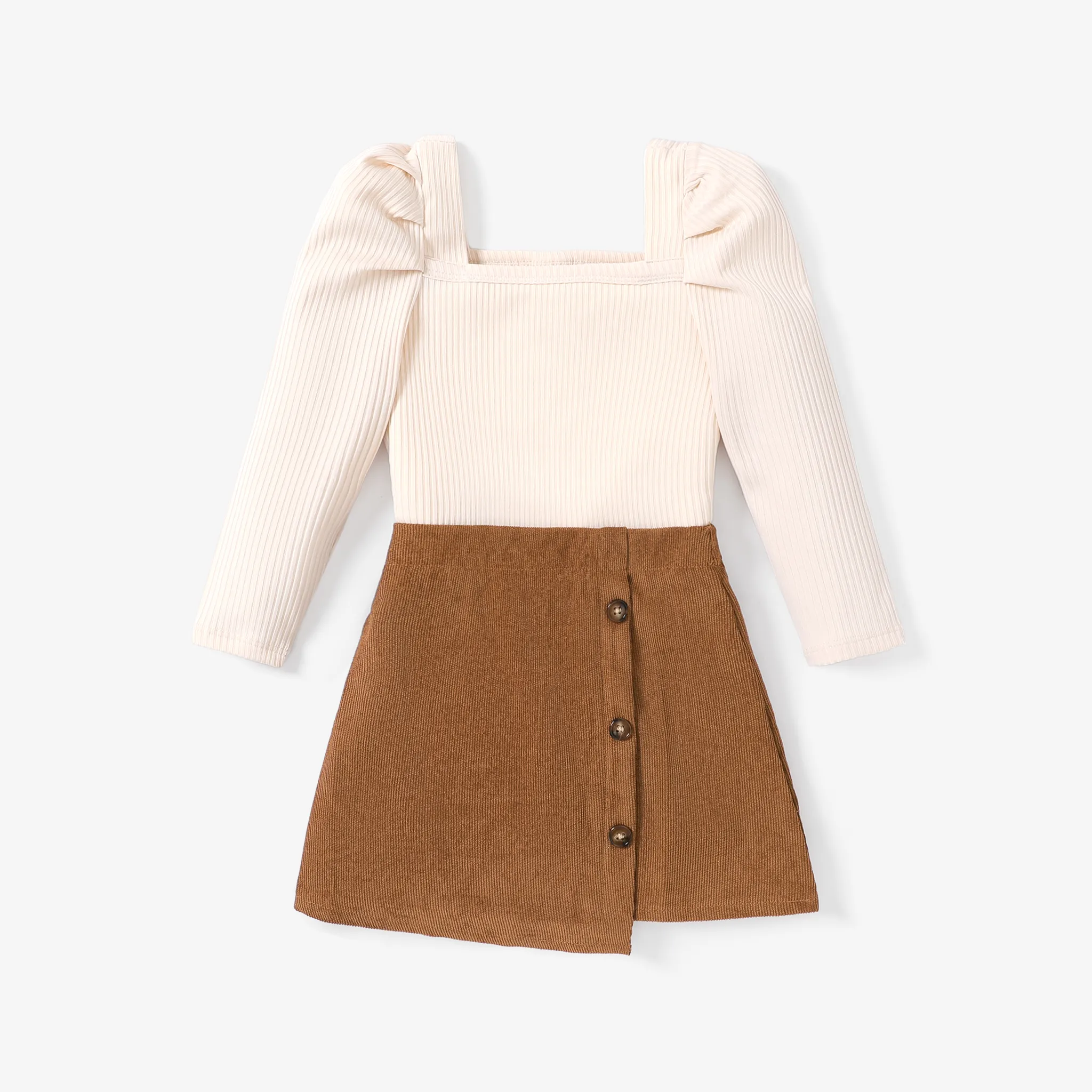 2pcs Toddler Girl Square Collar Ribbed Solid Long-sleeve Top and Buttons Skirt Set Apricot big image 1
