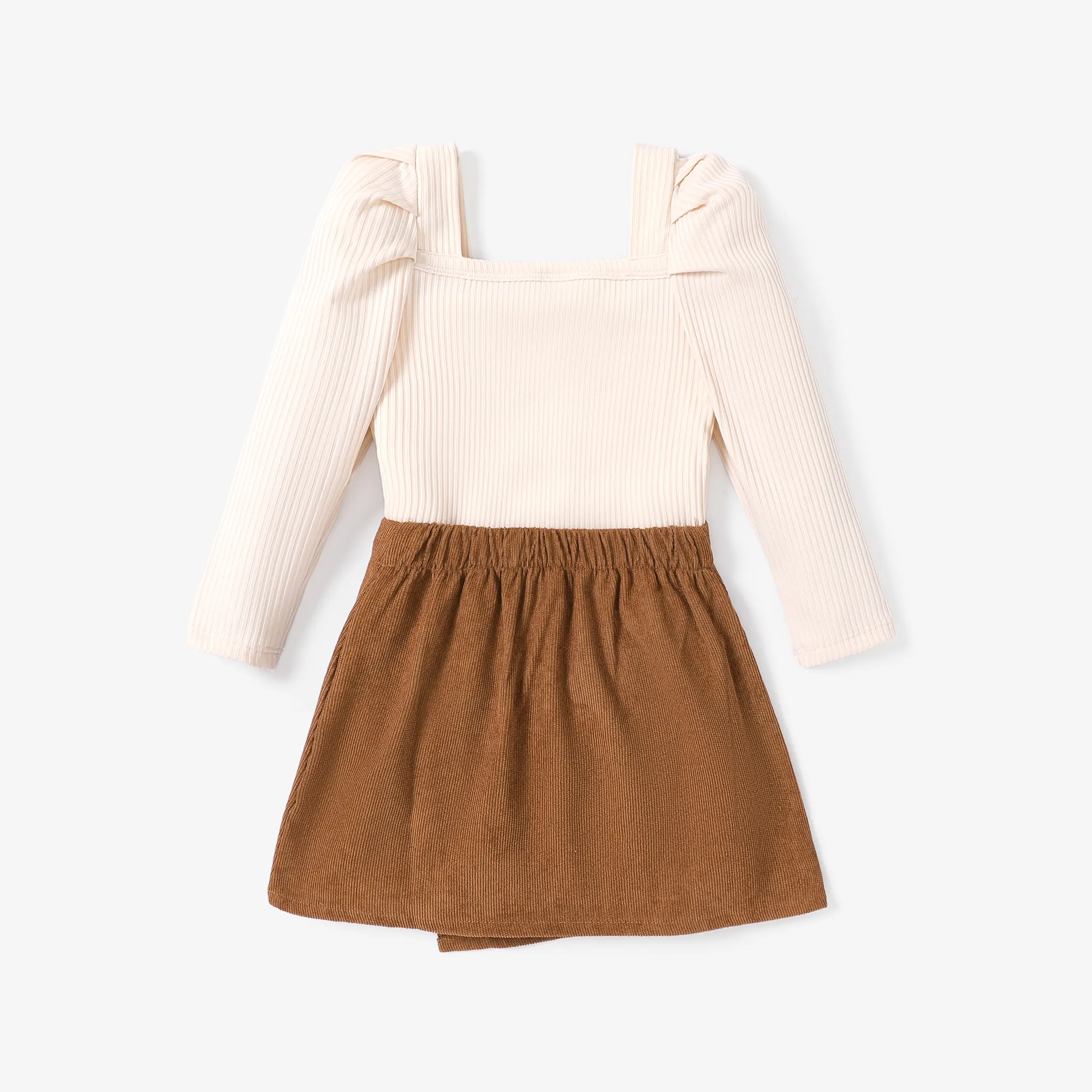 2pcs Toddler Girl Square Collar Ribbed Solid Long-sleeve Top and Buttons Skirt Set Apricot image 3